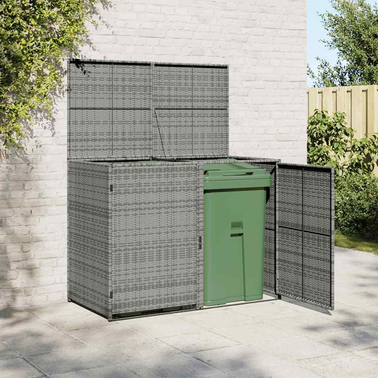 Outdoor Double Waste Bin Shed, Concealed Storage Dual Accessibility Durable Design Versatile Use Spacious and Secure, Powder-Coated Steel PE Rattan for Garden Patio Backyard