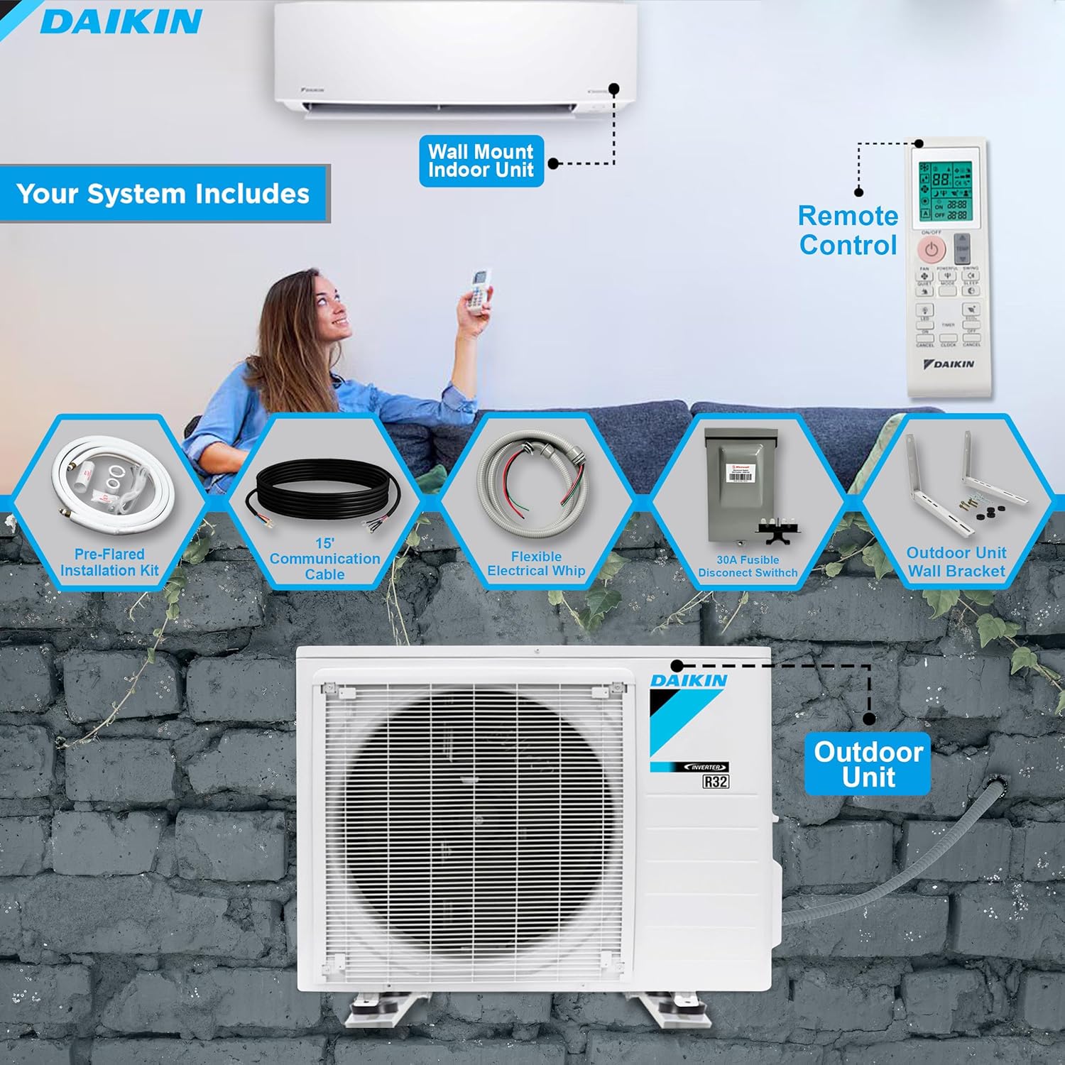 Daikin 24,000 Btu 18 SEER2 Ductless Mini-Split Wall Mount Heat Pump Air Conditioner - R32 w/ 15' Installation Kit, 1/2 Whip, 30A Disconnect, and Wall Bracket