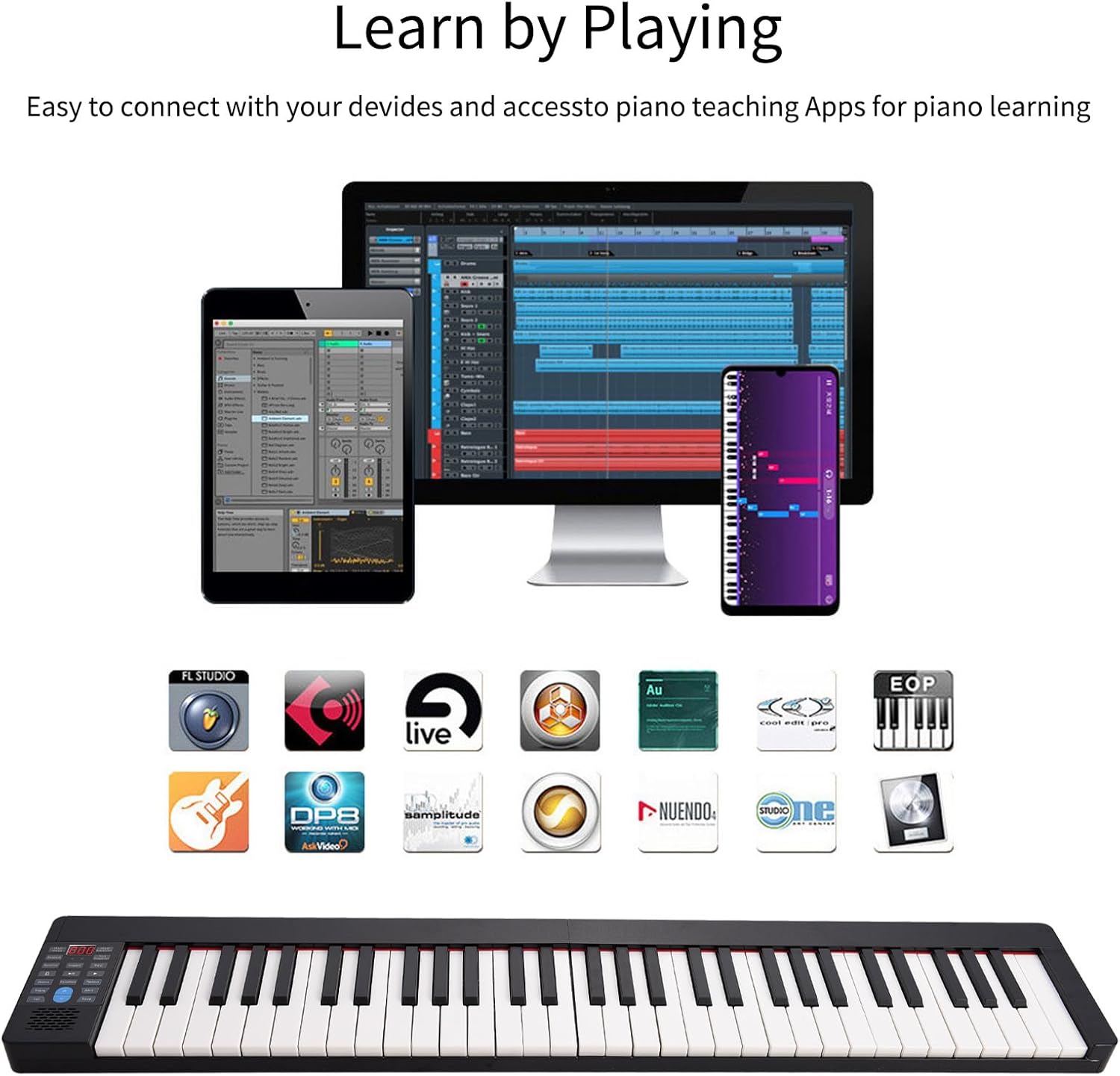 61-Key Foldable Electronic Piano Multifunctional Electronic Organ Folding Digital Piano 61 Keys Sensitive Piano Keyboard with LCD Display Built-in Rechargeable Battery BT Connectivity