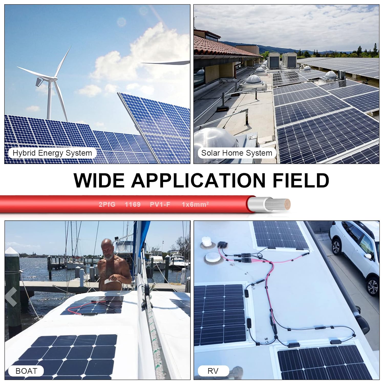 10AWG (6mm²) Tinned Copper PV Extension Cable - Solar Panel Connection Wire for Outdoor RV Marine Automotive Boat (50FT Black + Red Pair)