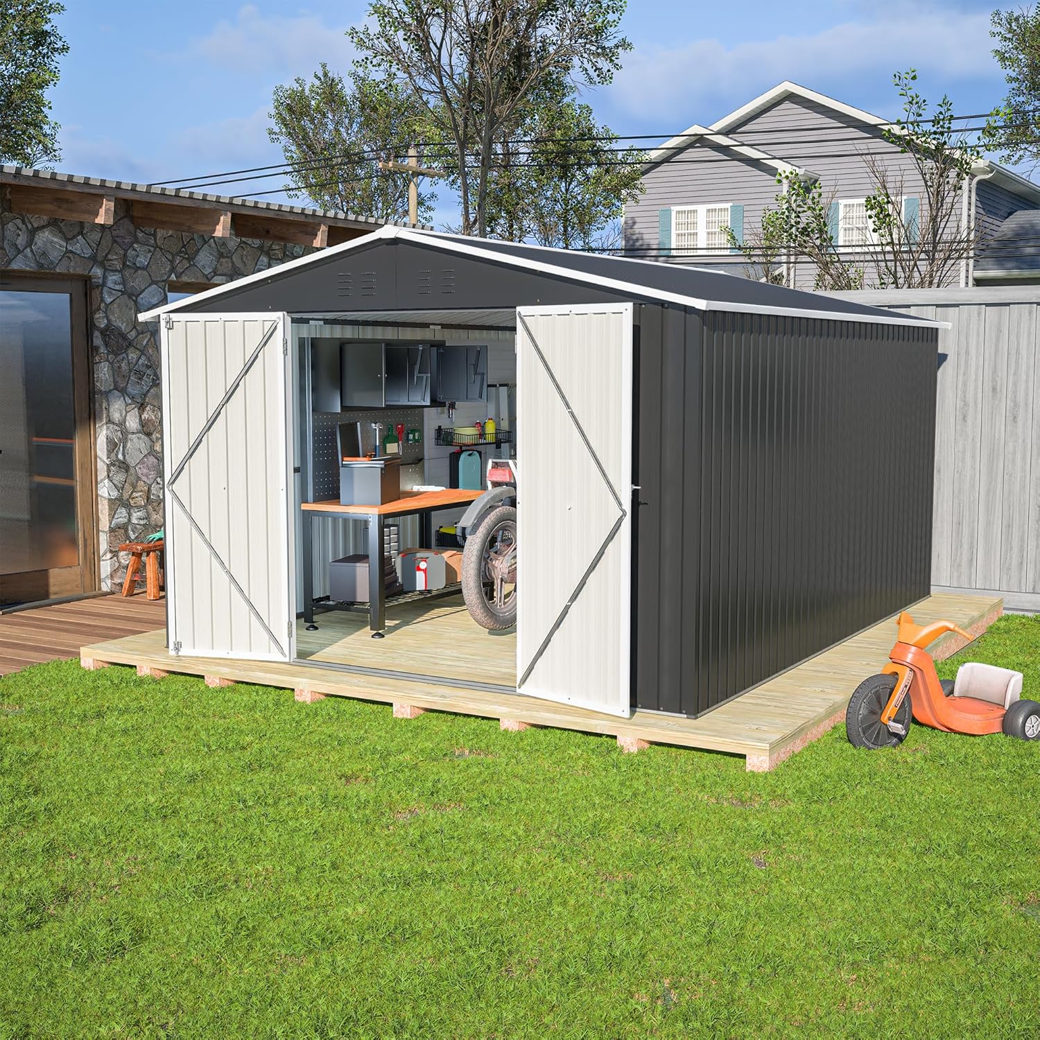 10x12 FT Outdoor Storage Shed, Large Metal Garden Tool Shed with Lockable Doors & Updated Frame, Ventilation for Backyard, Patio, Lawn Equipment, Black