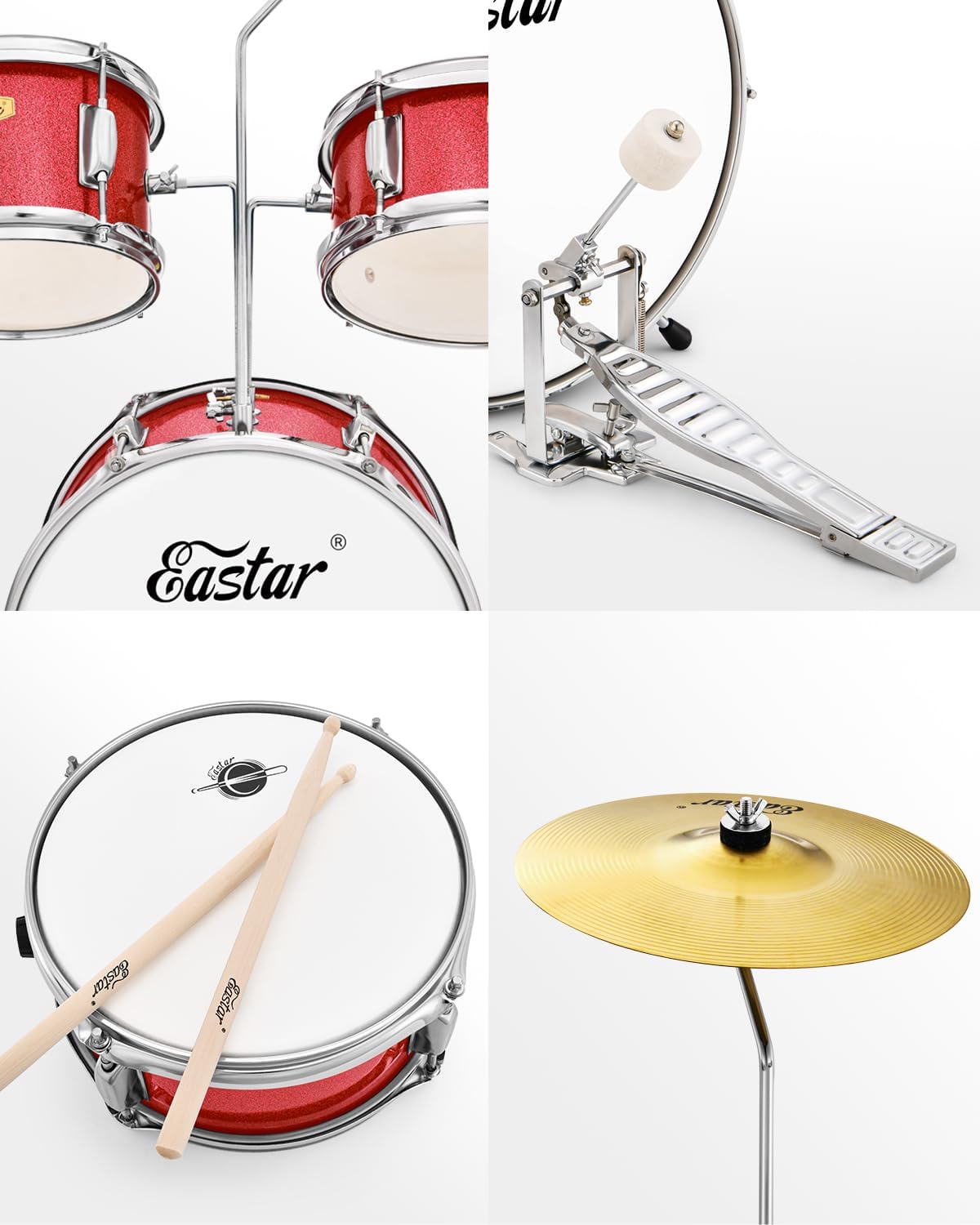 Eastar Drum Set for Kids and Beginners, 3-Piece 14'' Drum Kit with Adjustable Throne, Cymbal, Pedal & Two Pairs of Drumsticks, Junior Drum Set with Bass Tom Snare Drum, Metallic Red