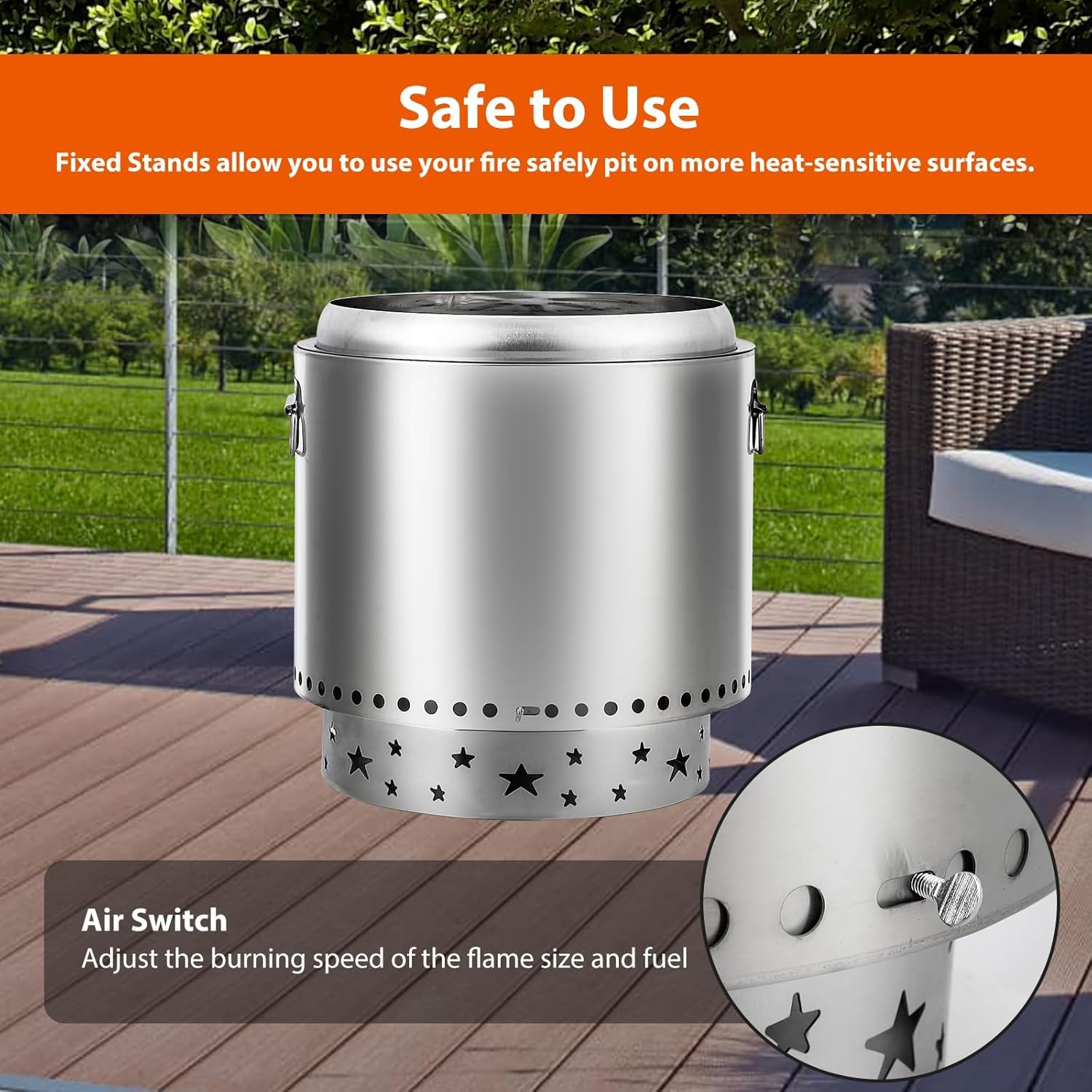 16.5 - Inch Smokeless and Portable Fire Pit Made of 304 Stainless Steel with Adjustable Air Vents, Ideal for Wood - Burning in Camping, Backyard and Patio