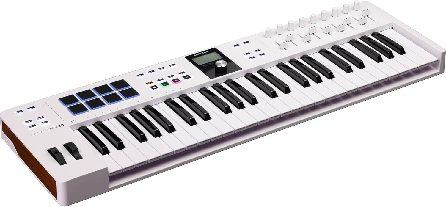 Arturia KeyLab Essential mk3 49-Key Universal MIDI Controller and Software | White with 6ft MIDI Cable & Cleaning Cloth (3 Items)