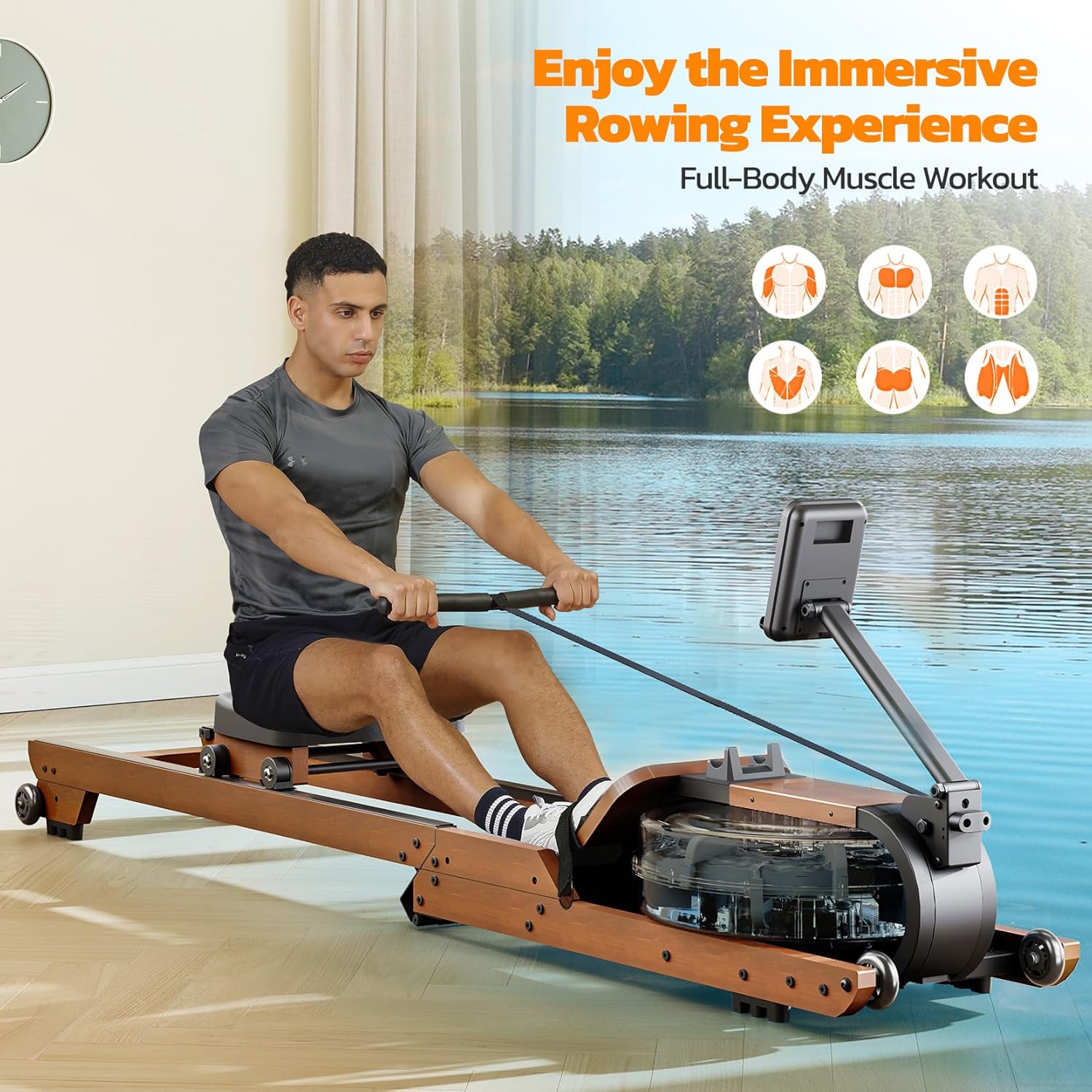 Dripex Rowing Machines for Home Foldable, Water Rowing Machine Max 350 LBS, Water Rower with Smooth Slide Rail, Comfortable Seat, Bluetooth App Supported, LCD Monitor, Wooden Row Machine for Home Gym