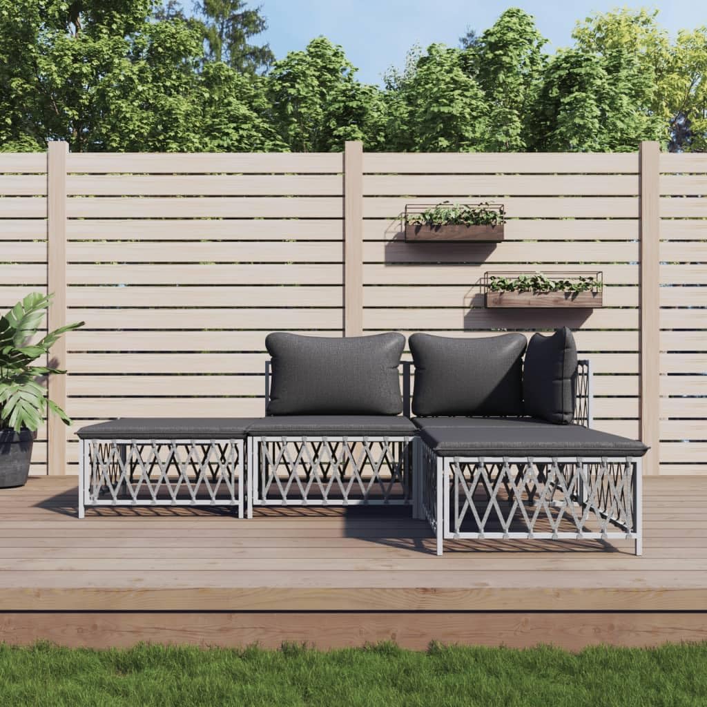 4 Piece Patio Lounge Set with Cushions White Steel,Comfortable Patio Lounge Set with Durable Woven Fabric and Sturdy Frame for Outdoor Use Patio Furniture Sets, Outdoor Furniture Sets