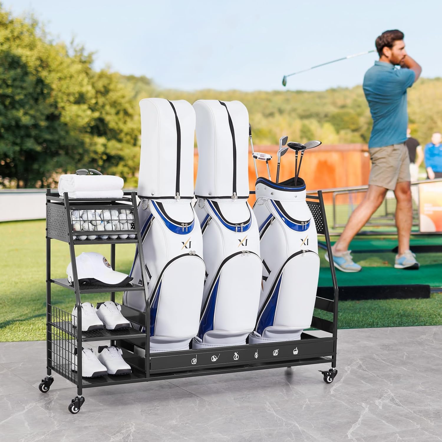 Lauren&Harold Golf Bag Organizer Garage Storage, Golf Storage Rack Stand Fits 2 Golf Bags, Golf Clubs and Other Golfing Equipment Accessories, Golf Organizer for Garage, Club, Shed, Basement