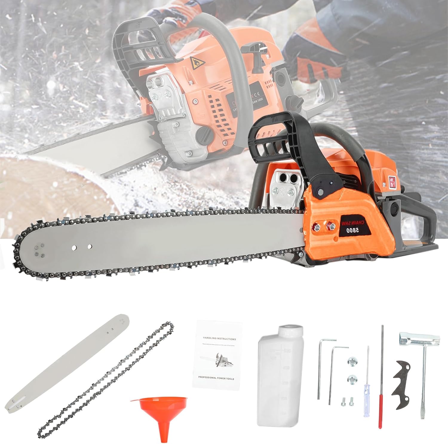 20 Inch Gas Chainsaw, 58cc 8500RPM Multifunctional High Power Gas-powered Chainsaw, Handheld Cutting Wood Chainsaw Logging Machine Garden Supplies (Orange)