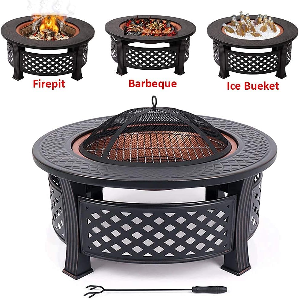 3 in 1 Garden Fire Pit with Grill Shelf Multifunctional Fire Pit for Heating/Ice Pit Patio Heater Garden Terrace Fire Bowl Round Metal Fire Basket with Waterproof