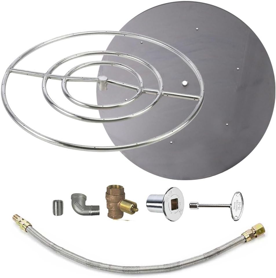 HPC Round Match Lit Fire Pit Burner Kit with 30-Inch Stainless Steel Burner and 36-Inch Flat Pan, Natural Gas, Polished Chrome, with Flange, Key, Valve, Flex Line and Fittings