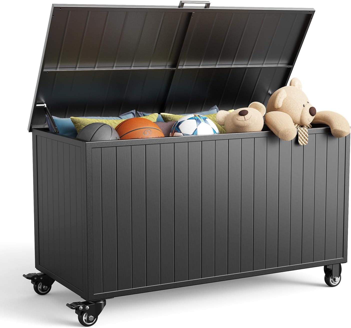Outdoor Storage Box with Wheels 150 Gallon, Metal Deck Boxes Waterproof, UV Resistant Patio Storage Box with Lid for Patio Furniture, Garden Tools (Black)
