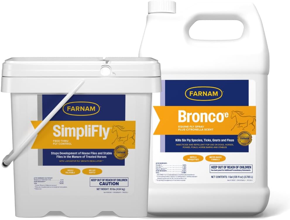 Bundle of Farnam Broncoe Equine Fly Spray with Citronella Scent for Horses and Dogs, 128 Ounces + Farnam SimpliFly Feed Through Fly Control for Horses 10 lbs, Prevents Stable Flies and Manure Breeding