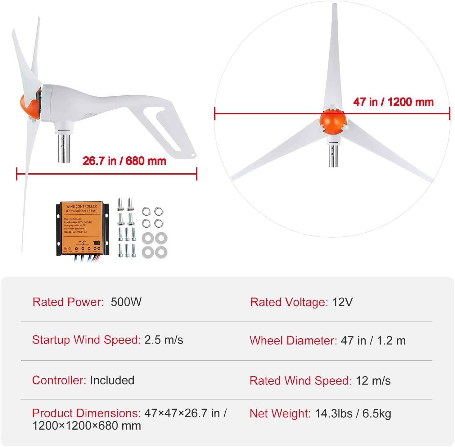 Happybuy 500W Wind Turbine Generator, 12V Wind Power Kit, 3-Blade Wind Generator with MPPT Controller, Adjustable Windward Direction, 2.5m/s Start Wind Speed, Ideal for Home, Farm, RVs, Boats