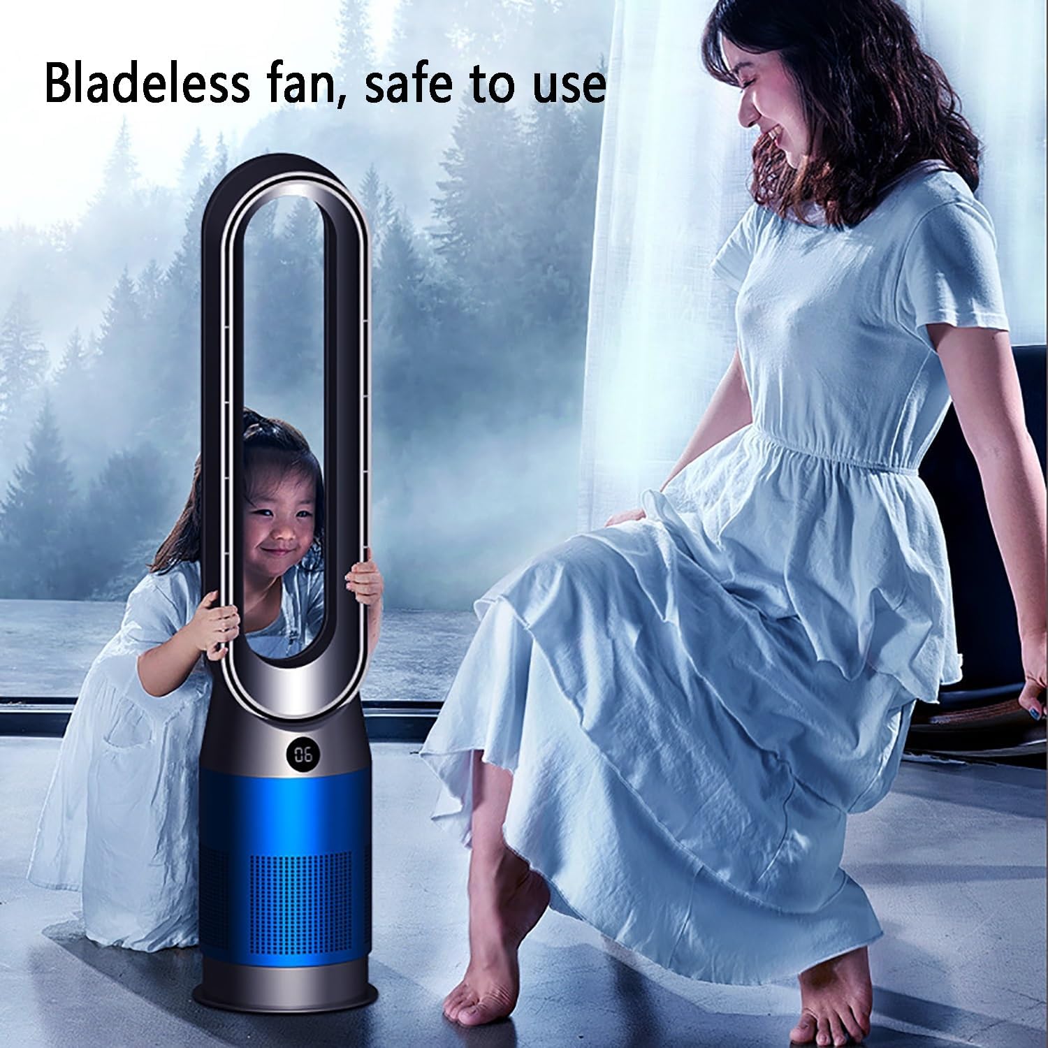 Floor Fan Air Circulation Fan Quiet Bladeless Fan Oscillating Tower Fan with Remote, 8 Speeds, 8H Timer, 80° Oscillating Pedestal Fan, Portable Cooling Fan for Bedroom, Home, Office(Blue)