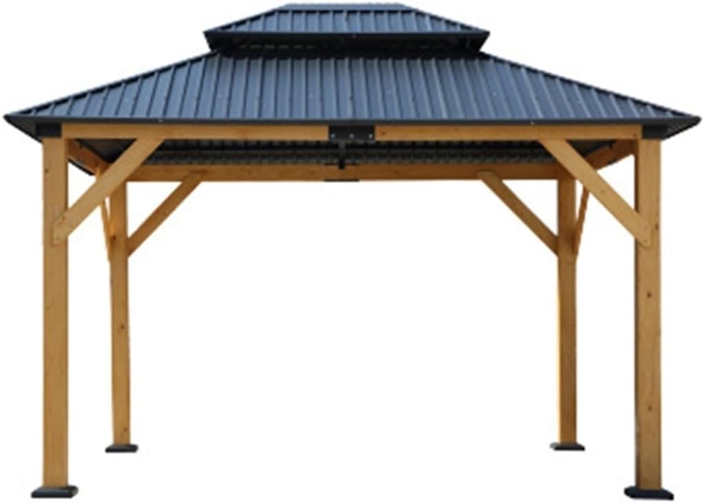 Outdoor Hardtop Gazebo, Steel Double Roof Pavilion with Wood Look Posts, Permanent Metal Canopy for Patio, Garden