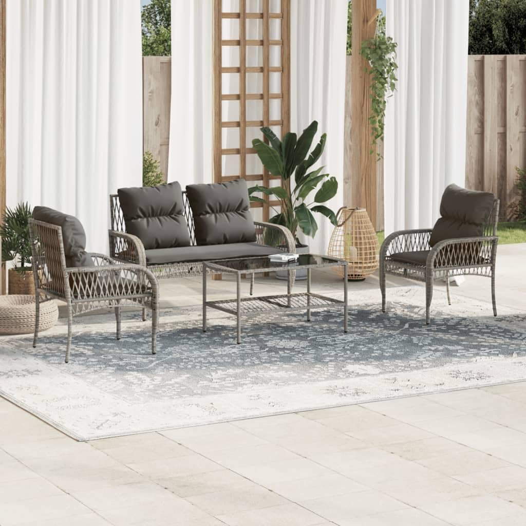 4 Piece Patio Sofa Set with Cushions Gray Poly Rattan,AllWeather Outdoor Rattan Sofa Set with Tempered Glass Tabletop for Patio and Backyard Furniture Sets for Patio, Lawn & Garden