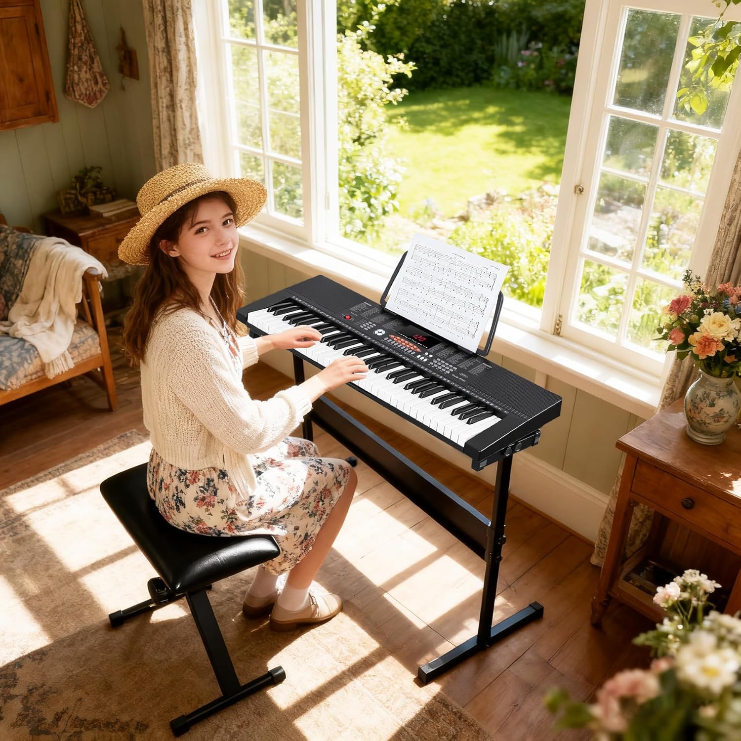 ZENY 61-Key Portable Electric Keyboard Piano with Built In Speakers, LED Screen, Headphones, Microphone, Piano Stand, Music Sheet Stand and Stool