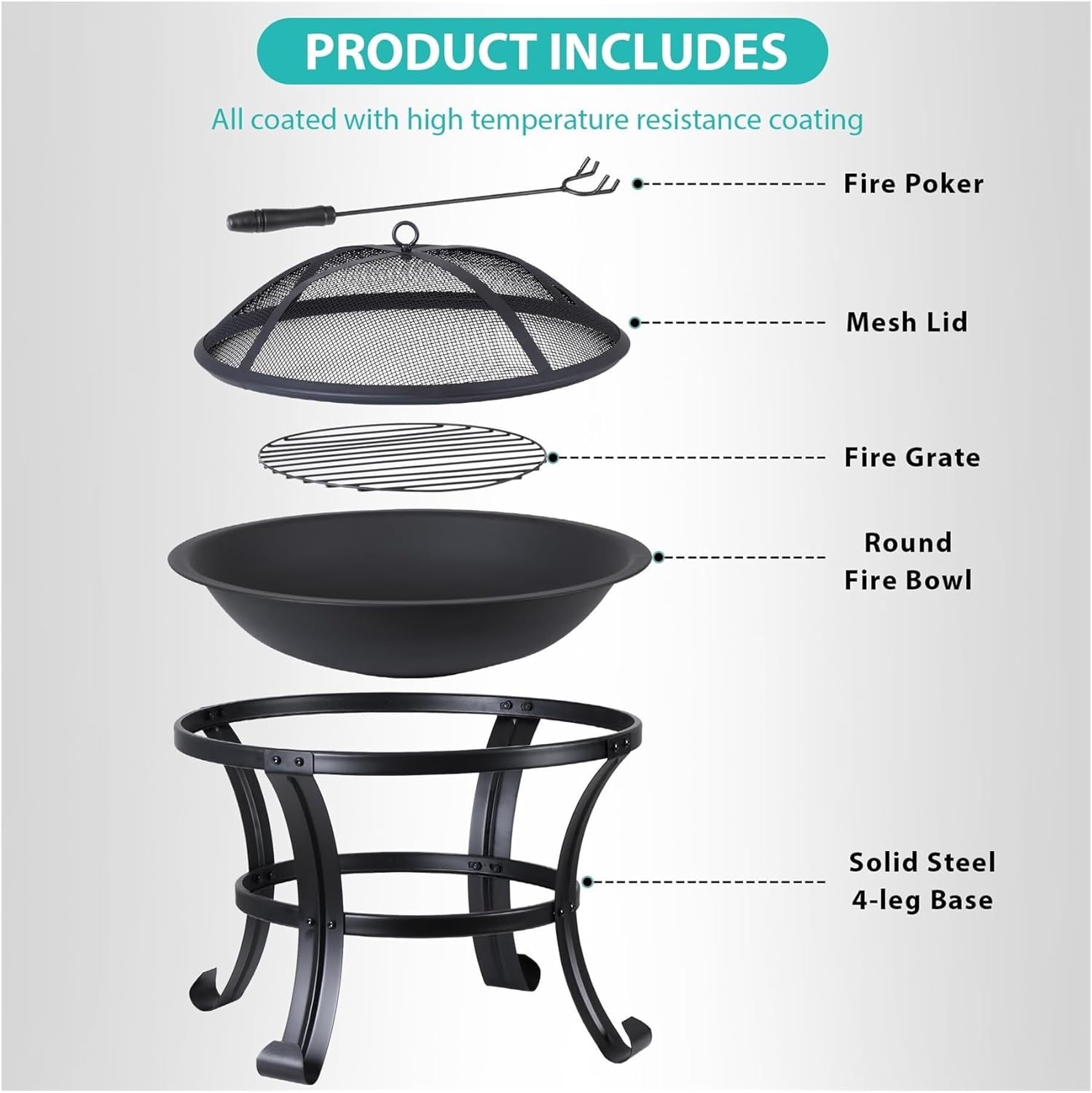 22 Inch Portable Steel Fire Pit for Outdoor Use Lightweight Wood Burning Firepit Bowl with Log Grate and Poker for Backyard Patio Camping Bonfire and BBQ
