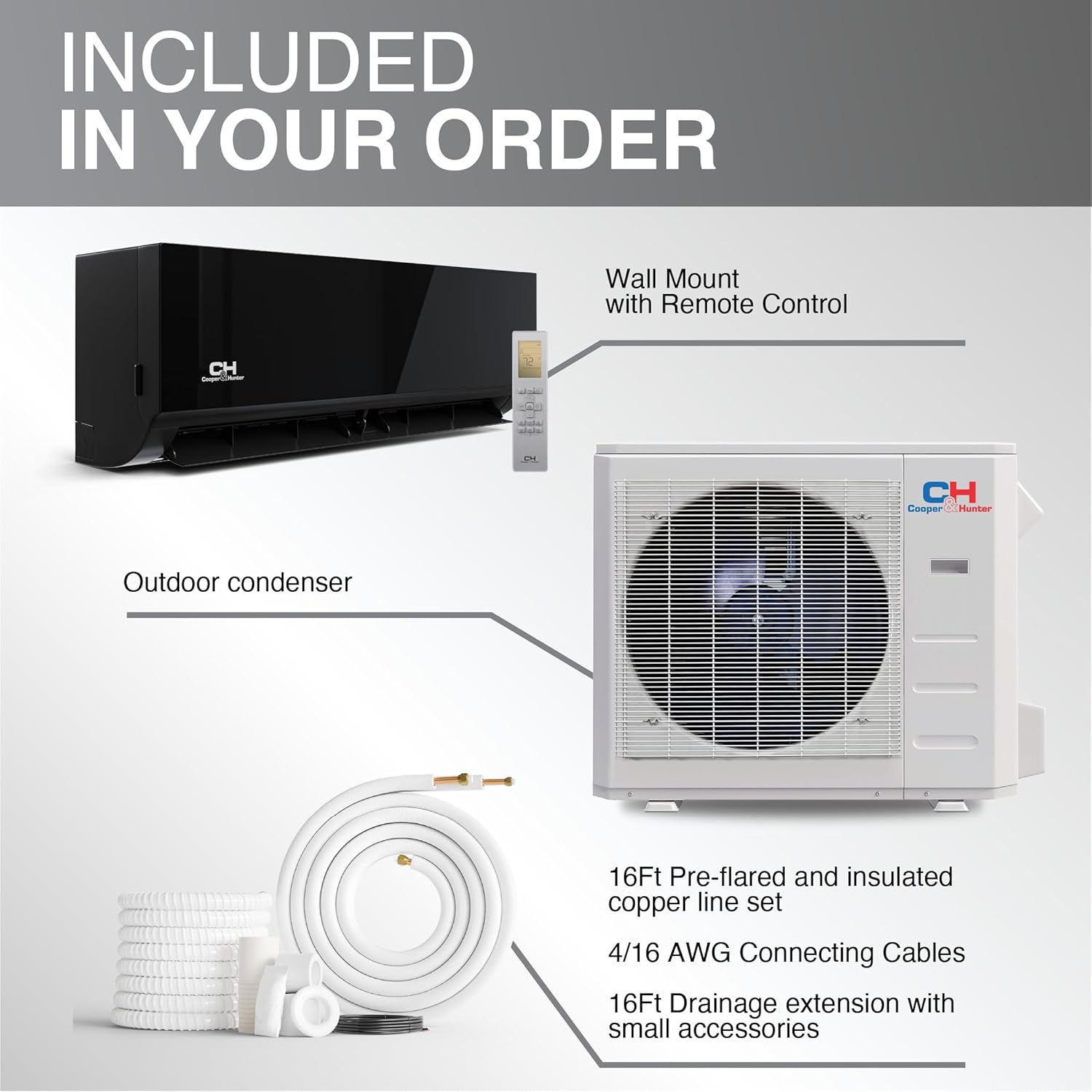 Cooper & Hunter 24,000 BTU Ductless Mini Split Air Conditioner & Heat Pump – 23.5 SEER2 – 230V Inverter – 16FT Installation Kit Included – Midnight Edition