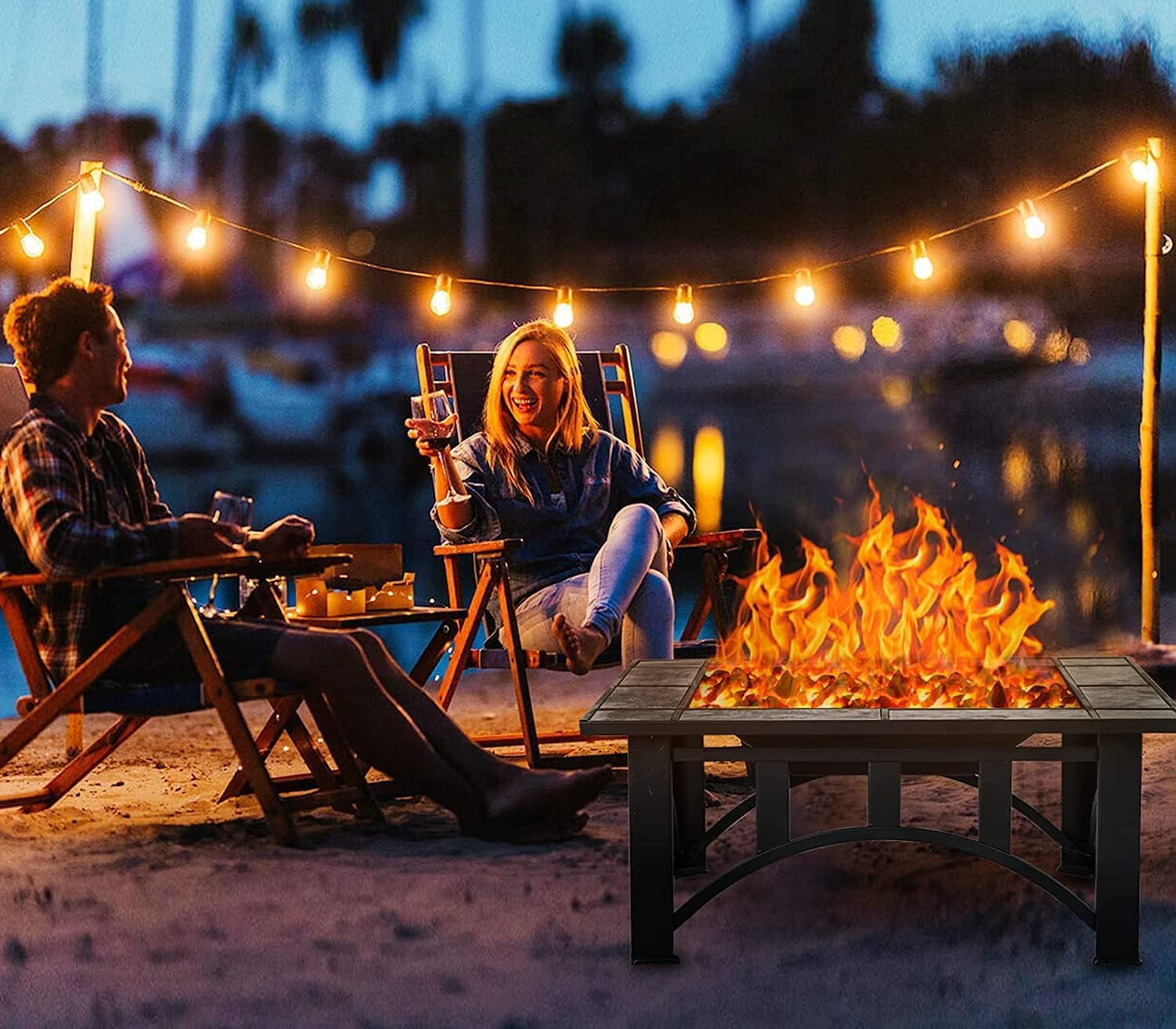 GRAND PATIO Fire Pits for Outside 35'' Wood Burning Square Marble Tile Tabletop Fire Tables for Patio Bonfire,Camping,Outdoor Heating, with Spark Screen and Poker