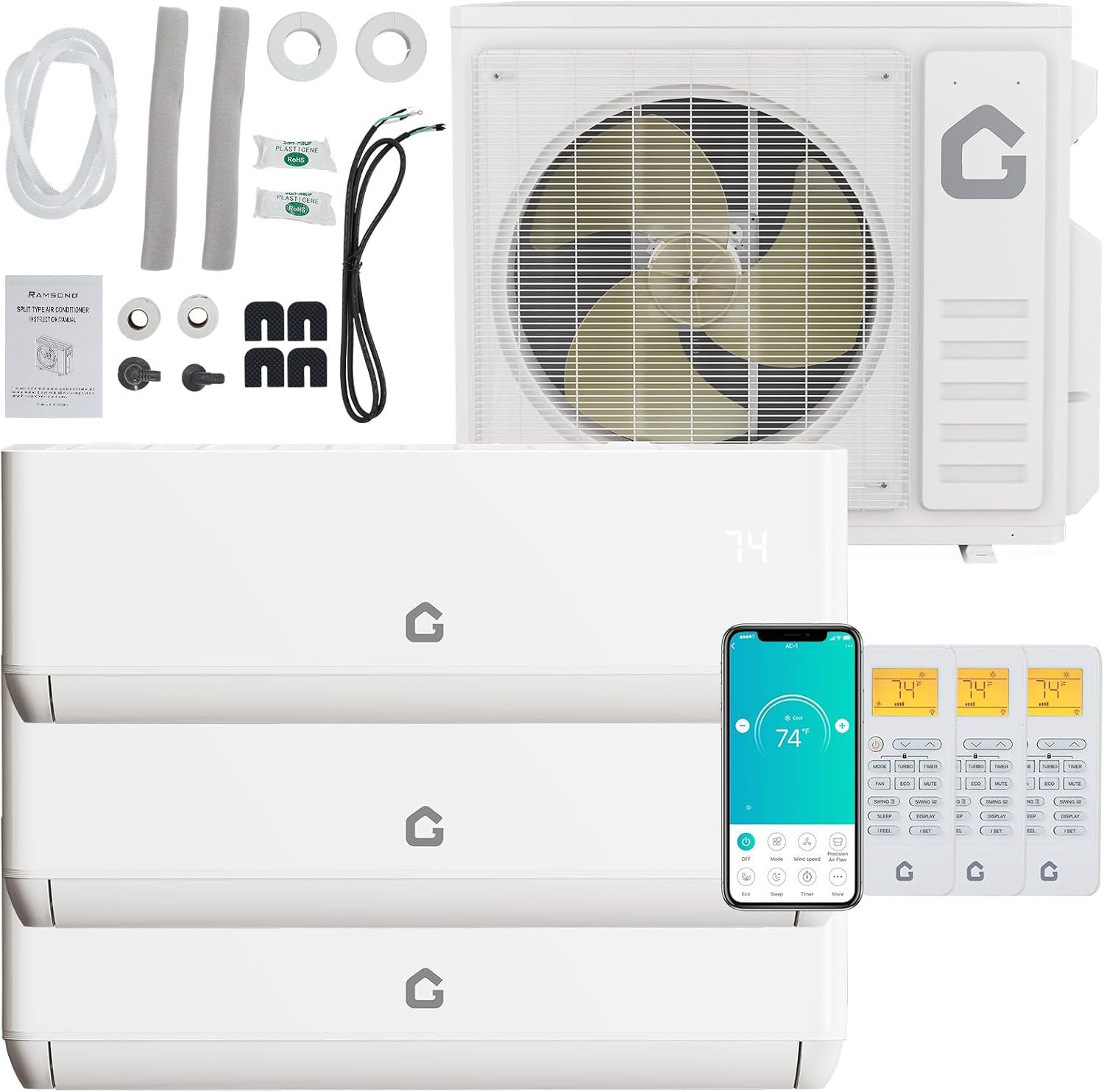 Garvee 24 SEER2 27K BTU 3 Zone Mini Split AC/Heating System, 12000 12000 12000 BTU Tri Zone Mini Split Air Conditioner, Wifi Enabled 208-230V Ductless AC Cool Up to 2250 Sq. Ft