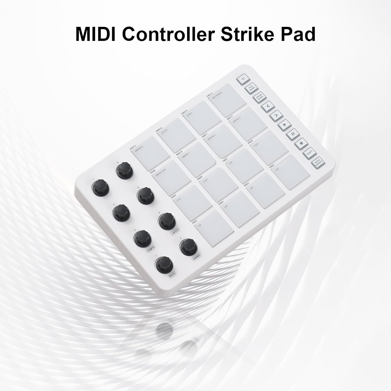 controller,HUIOP midi controller,MIDI Controller Strike Pad RGB Backlight MIDI Keyboard BT Connection Low Latency 3.5mm Output Interface ith 16 Strike Pads 8 Assignable Knobs Note Repeat Portable MIDI