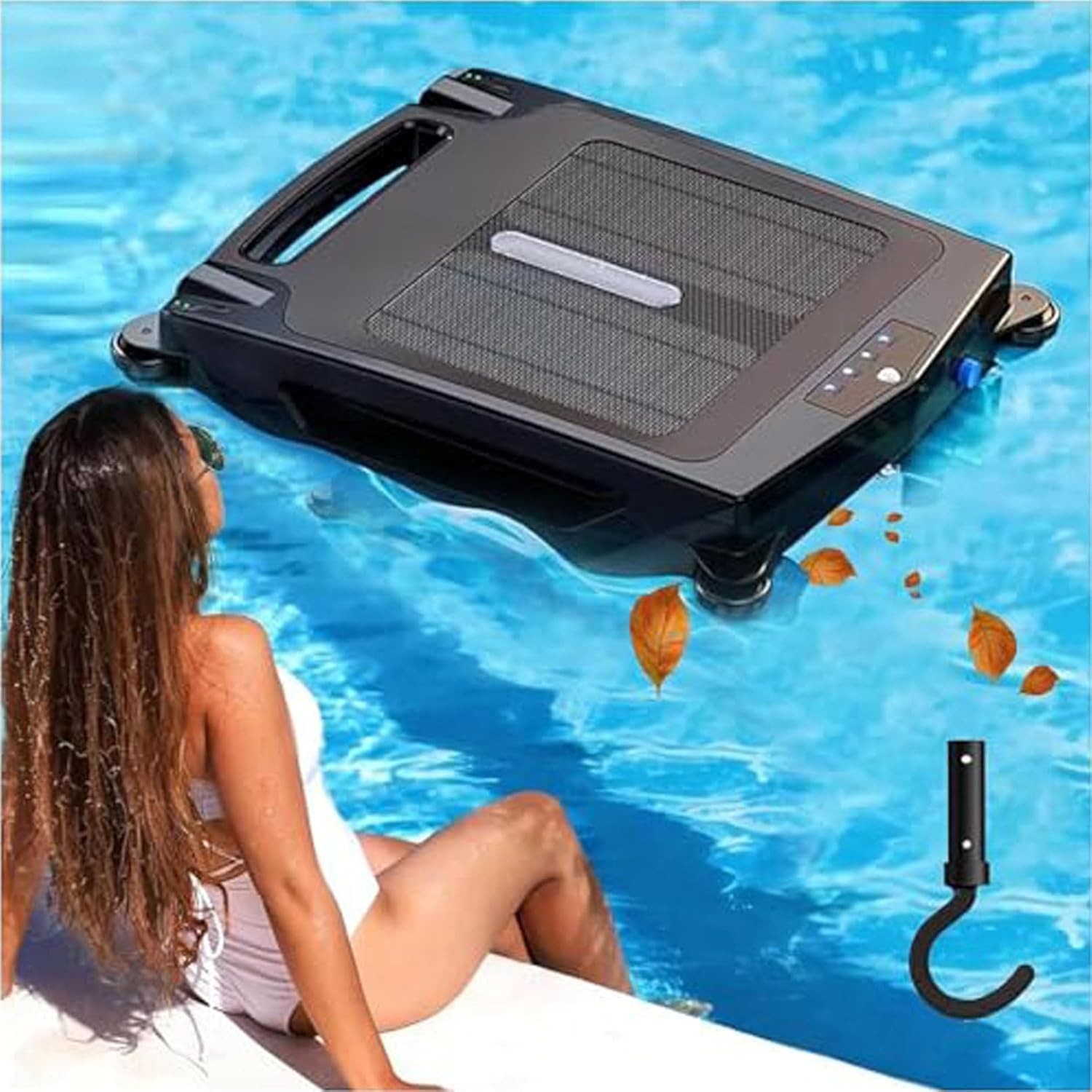 Solar Powered Cordless Robotic Pool Cleaner with Dual Charging, 2 Modes, Auto Obstacle Avoidance and Escape Function Rechargeable Automatic Pool Skimmer Cleaner Robot