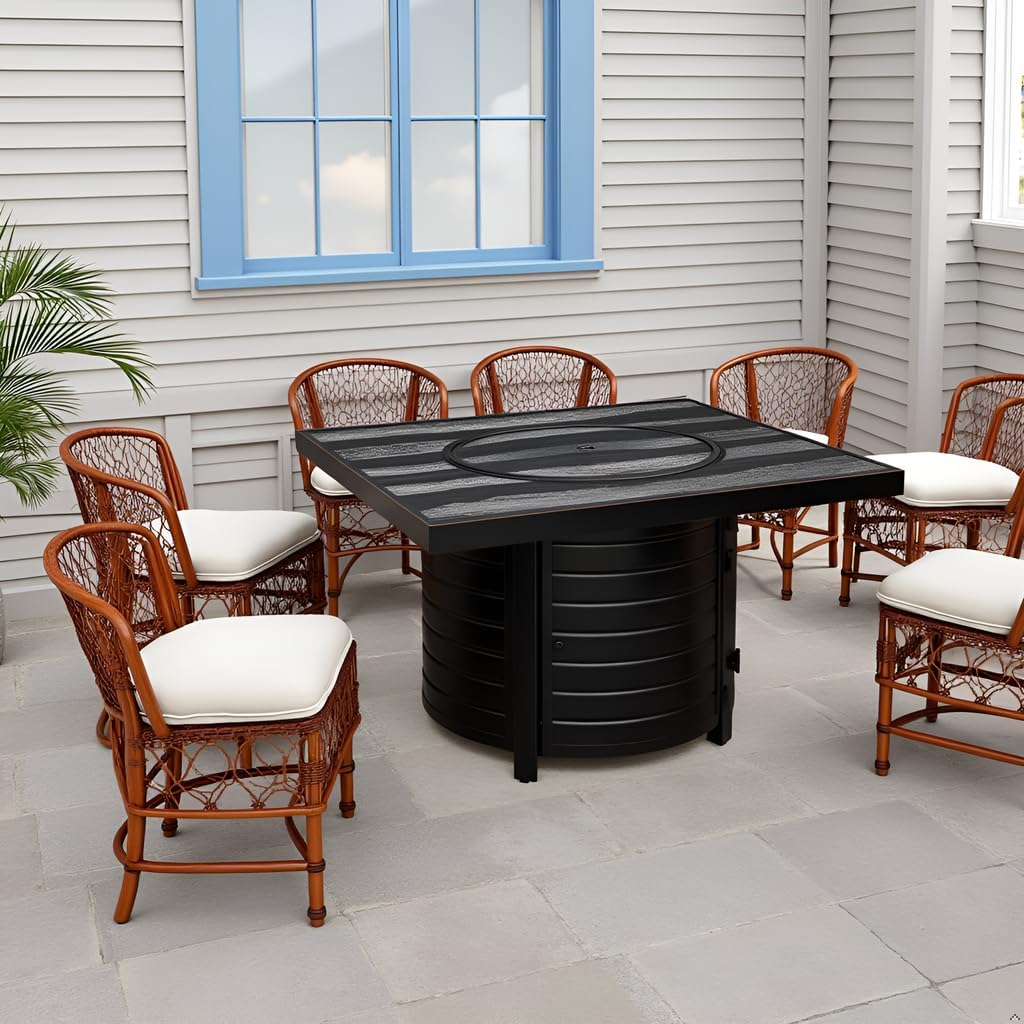 Square LPG/NG Gas Fire Pit Table 55K BTU w/Burner Lid, Cover, Fire Glass #65154