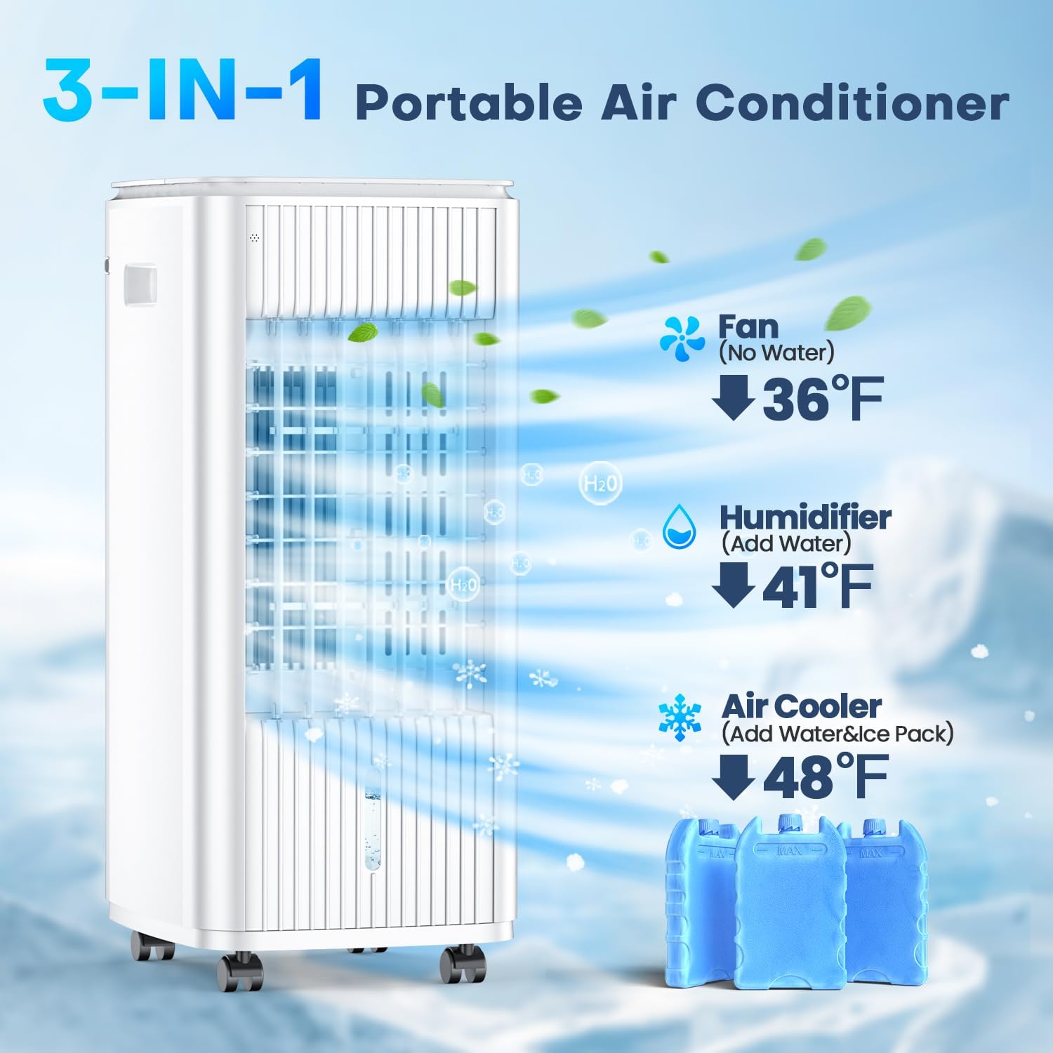 3-IN-1 Windowless Air Conditioner w/Double Tanks, Smart Timer, 3 Ice Packs, 60W Evaporative Air Cooler, 70° Oscillation, 3-Speed 25-INCH Swamp Cooler Air Conditioner Portable for Room