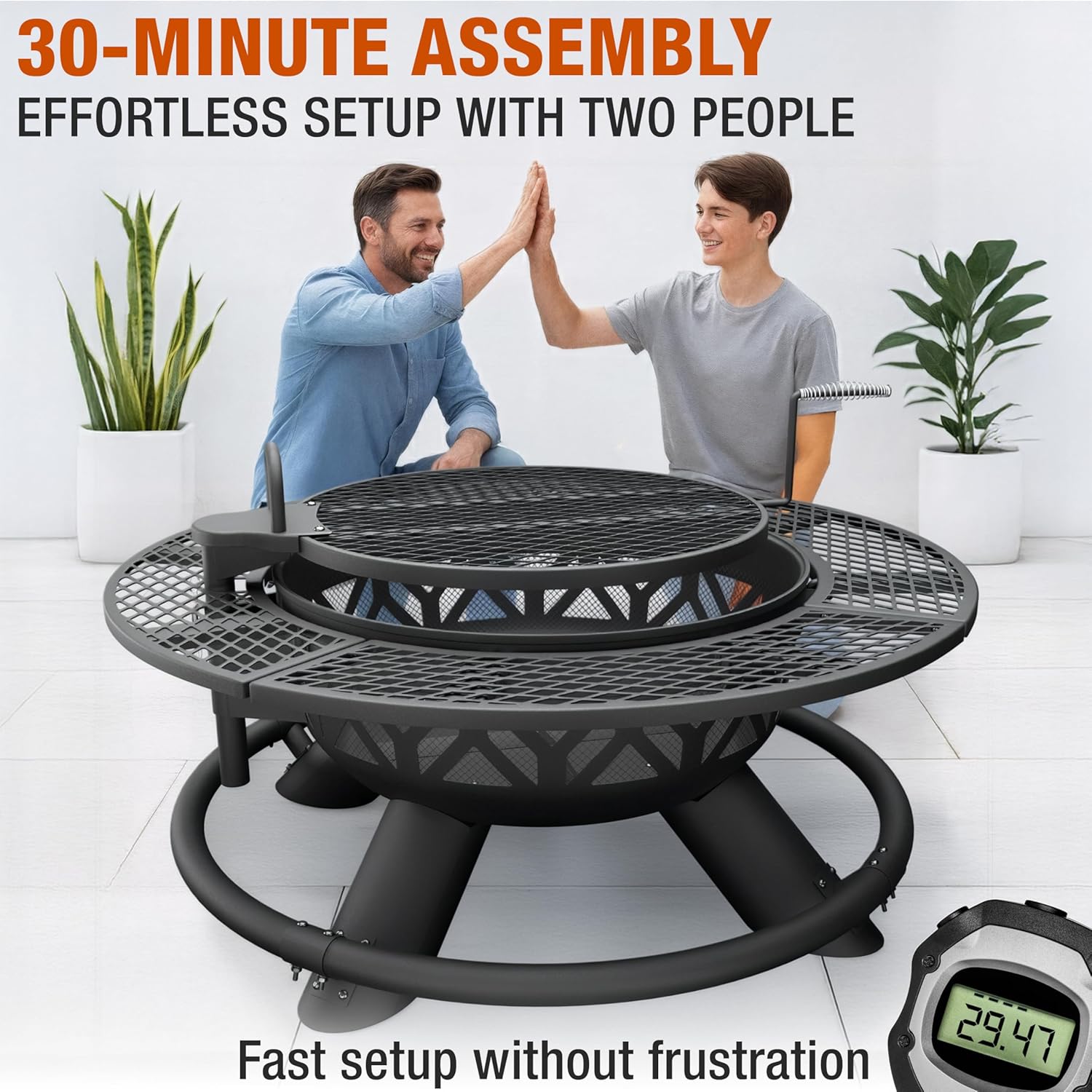 47 Inch Heavy Duty Steel Fire Pit with Grill, Large Outdoor Fire Pits for Outside Wood Burning, BBQ