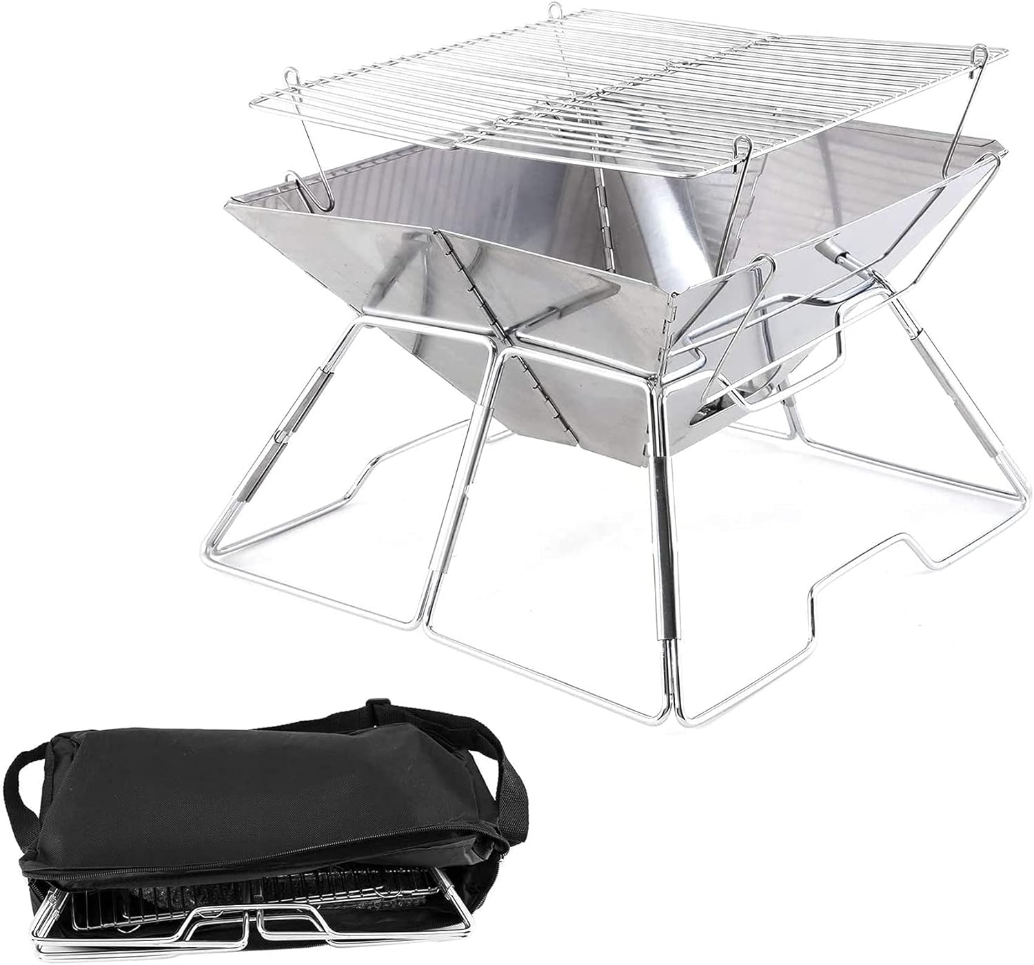 Camping Portable Fire Pit,2 in 1 Folding Fire Pit with Grill Shelf Stainless Steel Outdoor Fireplace