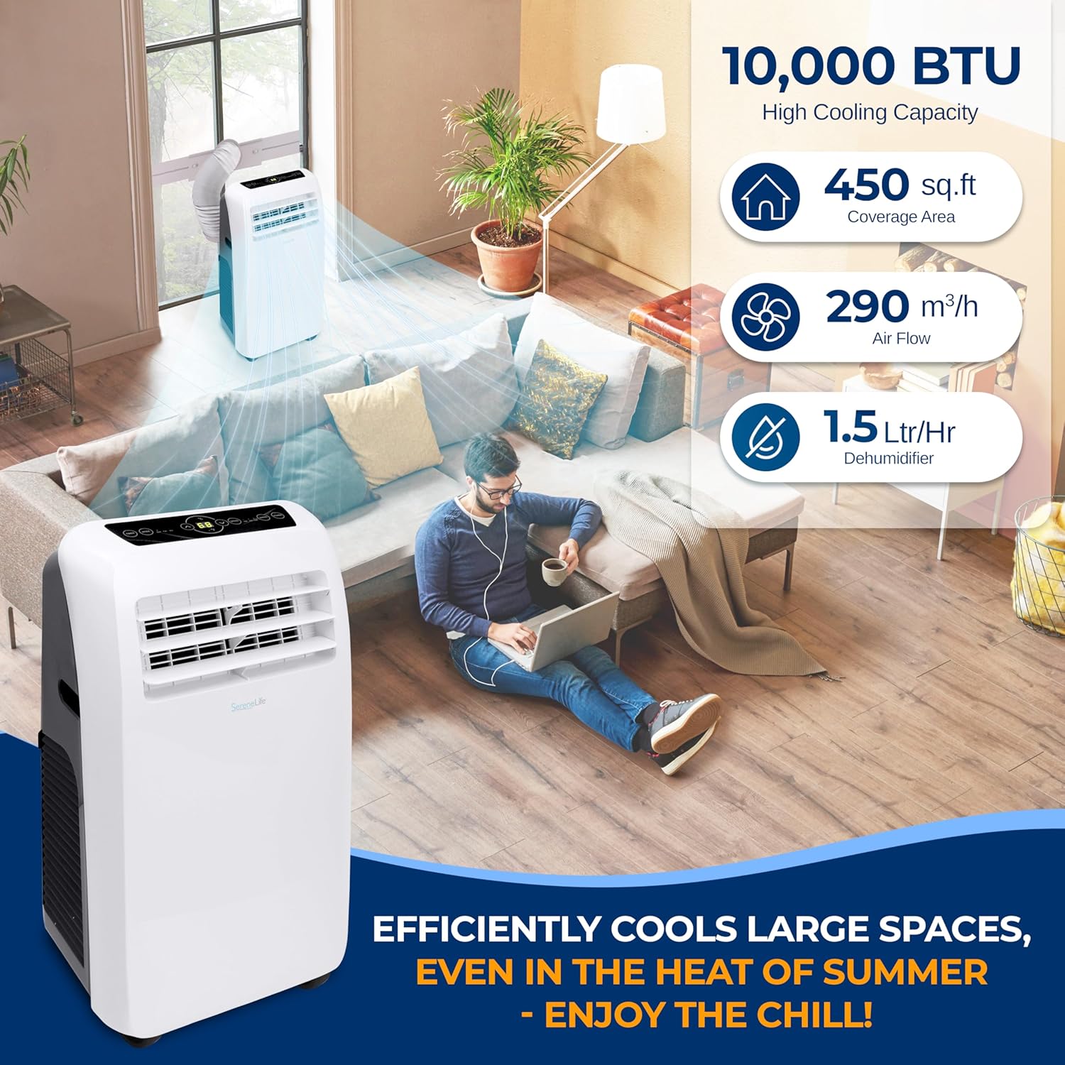 SereneLife Small Air Conditioner Portable 10,000 BTU with Built-in Dehumidifier - Portable AC unit for rooms up to 450 sq ft - Remote Control, Window Mount Exhaust Kit