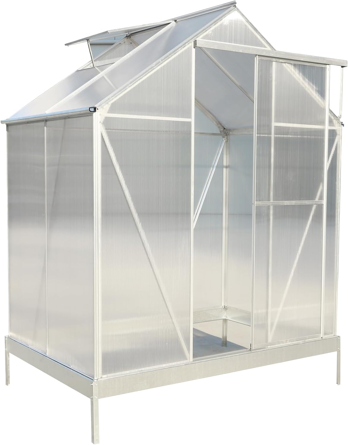 4.2x6.3x7ft Polycarbonate Greenhouse Heavy Duty Outdoor Green House Aluminum Walk-in Green House Kit with Rain Gutter Vent and Sliding Door for Vegetables Flowers Backyard Garden Silver