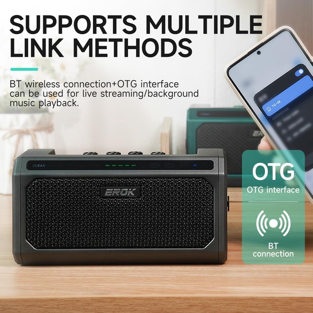 EROK Mini Guitar Amp with BT/OTG - 20 Drum Beats,5 Effects (Clean/Boost/OD/Dist/Metal),Reverb+Delay,Battery Powered Portable Amp for Practice/Travel(TG-08,Black)