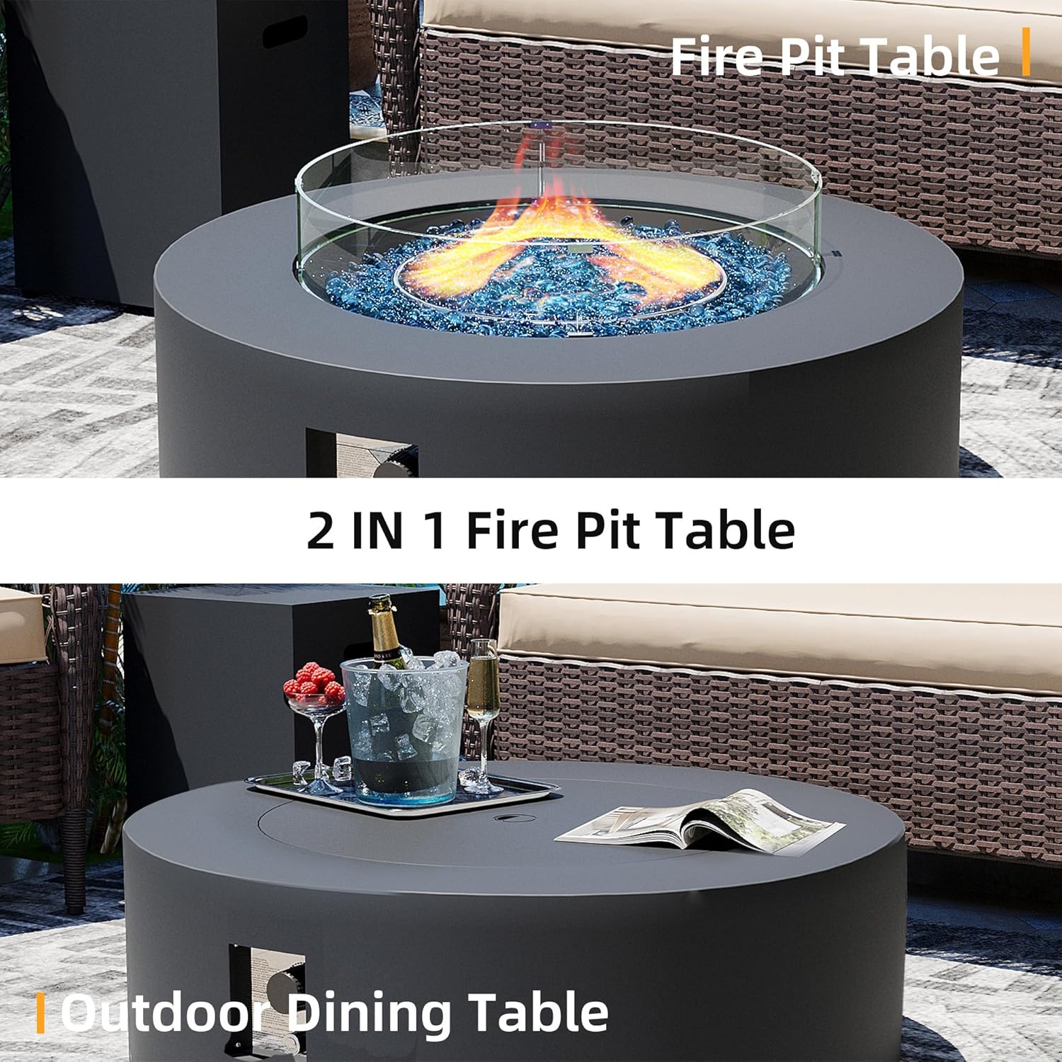 Patio Watcher 42 Inch Outdoor Propane Fire Pit Table, 50000 BTU Round Iron Gas Firepit w/Tank Table, Wind Guard, Rain Cover, Glass Rocks, Patio Fire Table for Garden Backyard, Dark Gray