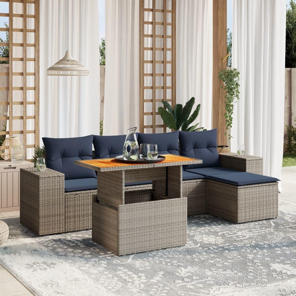 6 Piece Patio Sofa Set with Cushions, Gray Poly Rattan Outdoor Furniture, Adjustable Table, UV-Proof Balcony Dining Set