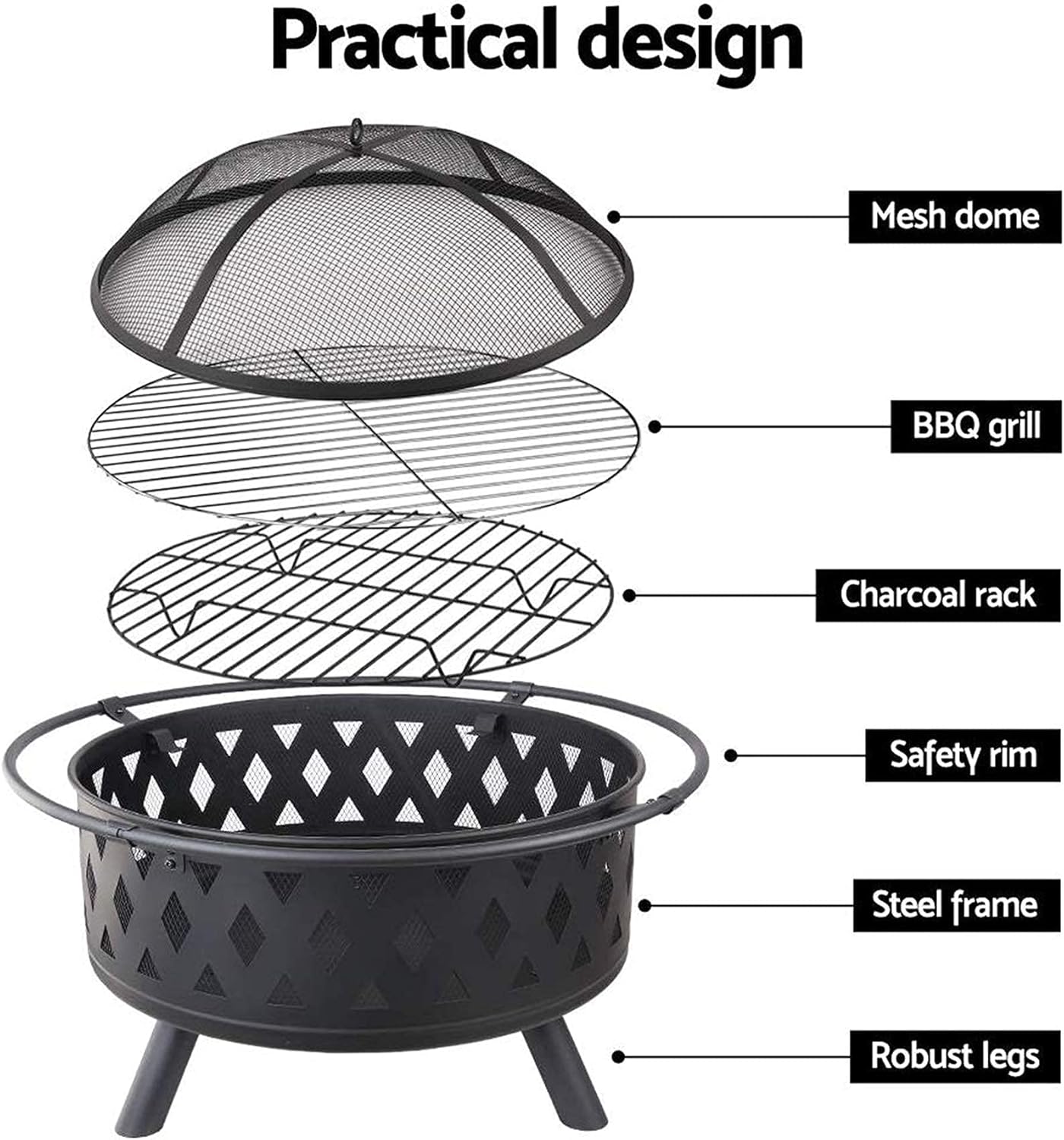 Fire Pit Outdoor Wood Burning Pits for Outdoor d Patio Bonfire Campfire Grill Grate Mesh Spark Screen Poker Waterproof Cover Included