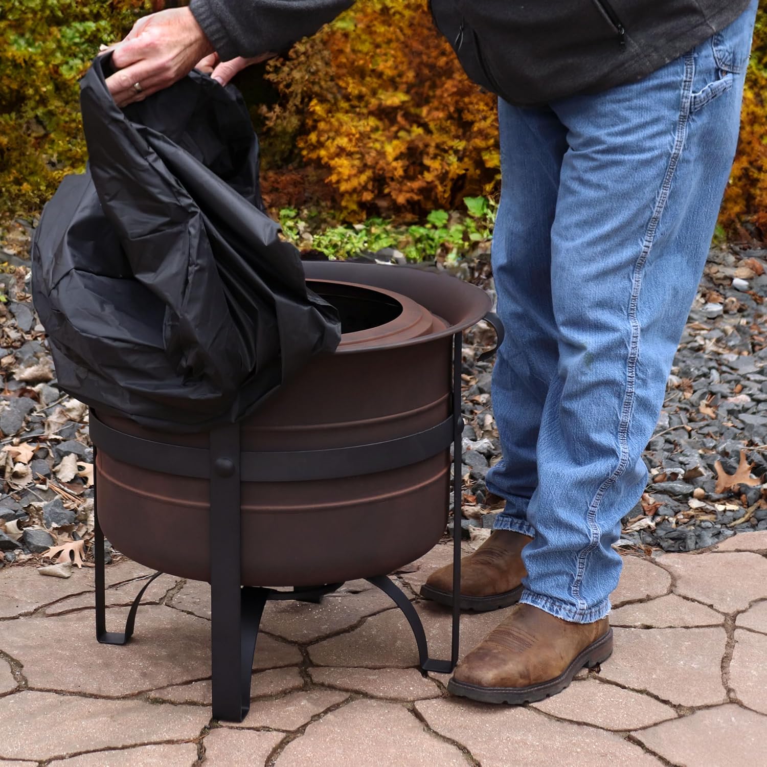 Sunnydaze 23-Inch Cauldron-Style Smokeless Wood-Burning Fire Pit with Cover and Poker - Steel Outdoor Smokeless Fire Pit for The Backyard