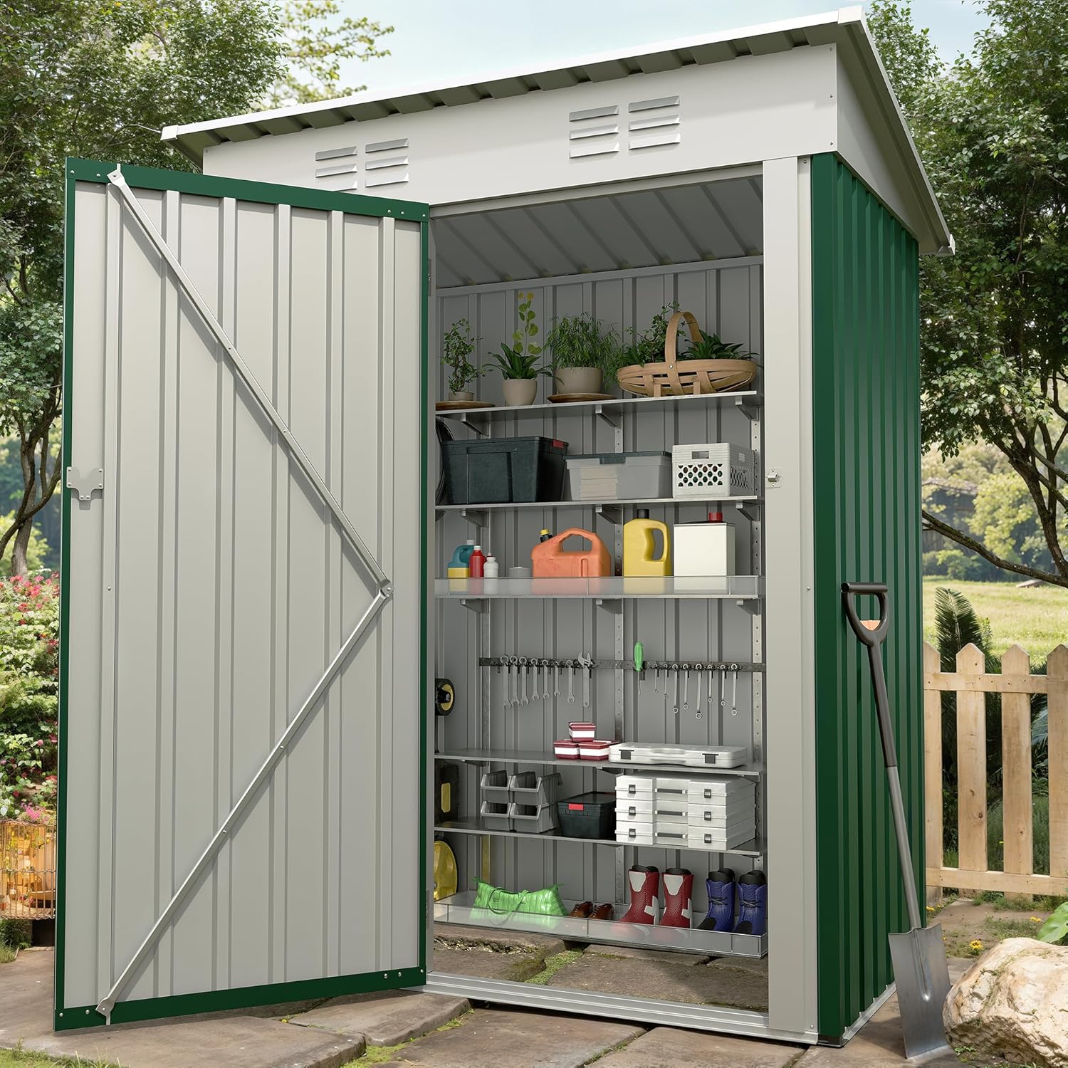 5x3FT Multi-Used Shed & Outdoor,Storage Shed with Lockable Door,Anti-Corrosion Storage House with Sloping Roof for Backyard Outdoor Patio(Green)