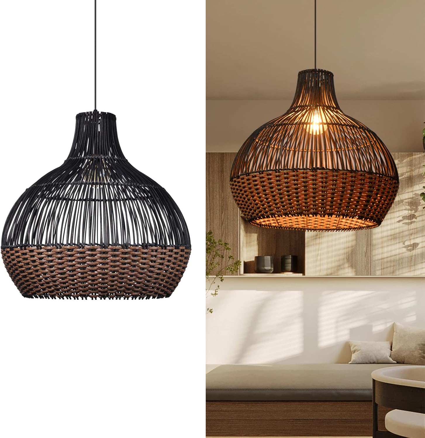 Arturesthome Black Rattan Pendant Lights, Wicker Chandelier Boho Basket Lighting Fixture, Large Natural Woven Hanging Lamp for Kitchen Island Dining Room