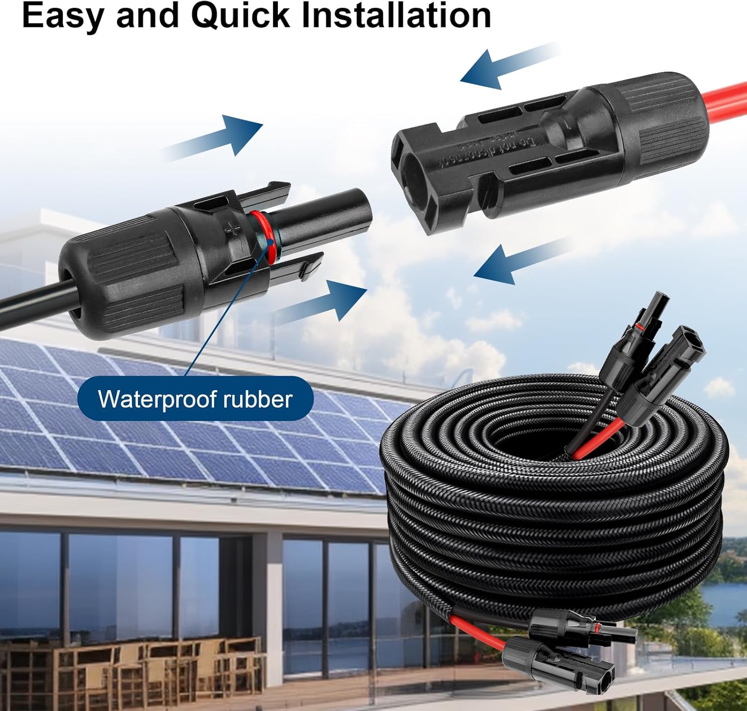 Solar Panel Extension Cable - 10AWG 50FT Solar Wire with Female & Male Waterproof Connector Flame Retardant Protective Sleeving PV Wire for RV, Photovoltaic Systems, Home, Boat, Solar Panels, Car