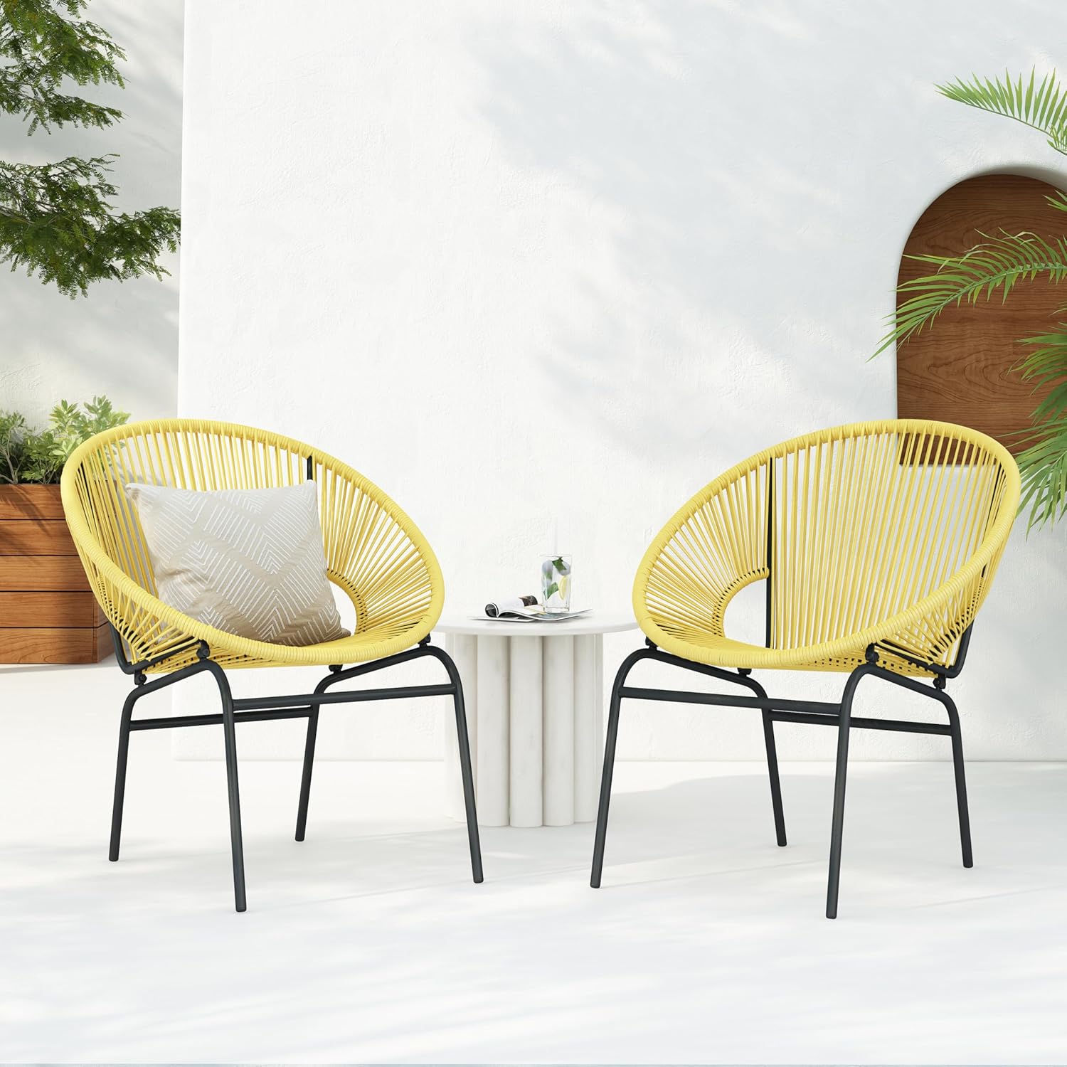 Christopher Knight Home Outdoor Wicker Chairs Set of 2, Weave Club Chairs, Round Basket Woven Seating Chairs, Iron Frame Durable Legs, Rattan Club Chairs for Patio Balcony, Poolside, Gardern, Yellow