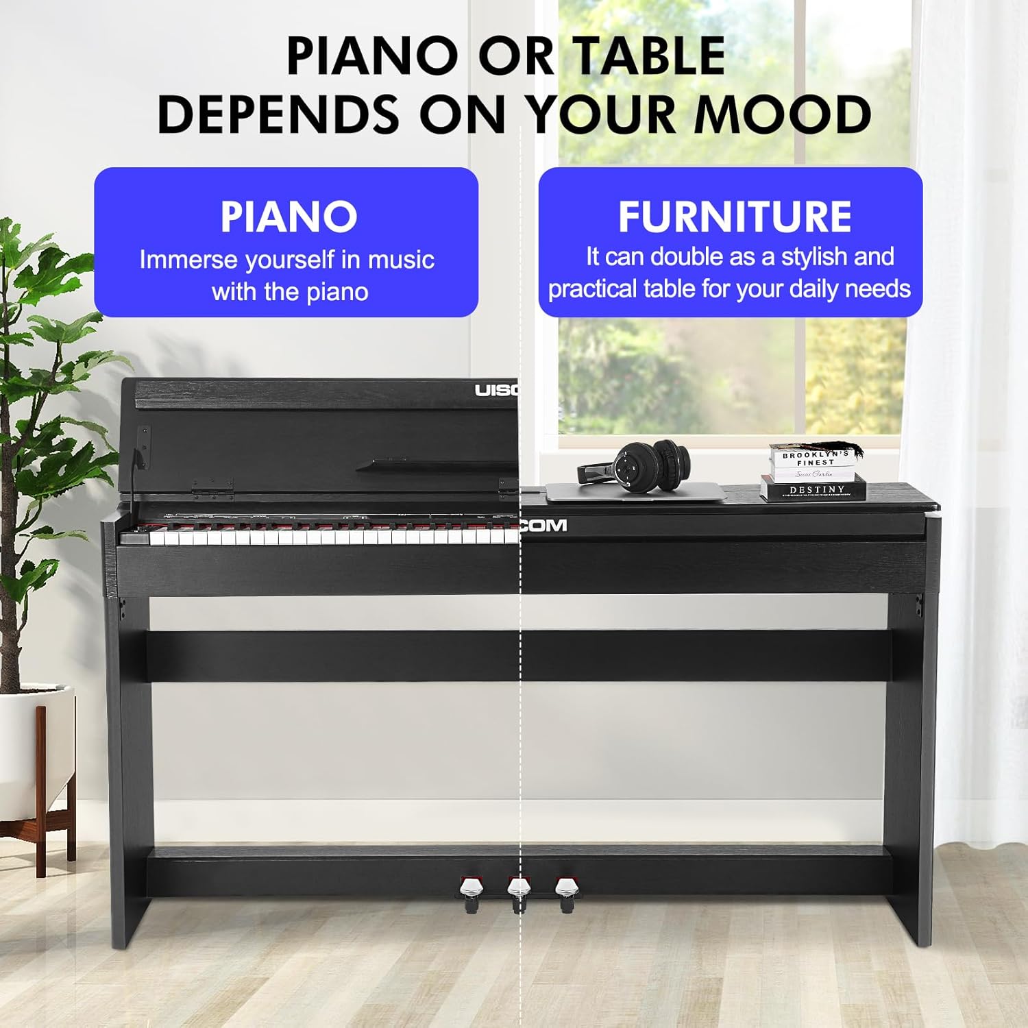 UMP-90 88 Keys Semi-weighted Full Size Keyboard Electric Piano with Furniture Stand｜Power Adapter｜Triple Pedals｜MP3 Function Digital Piano for Beginner (Black)