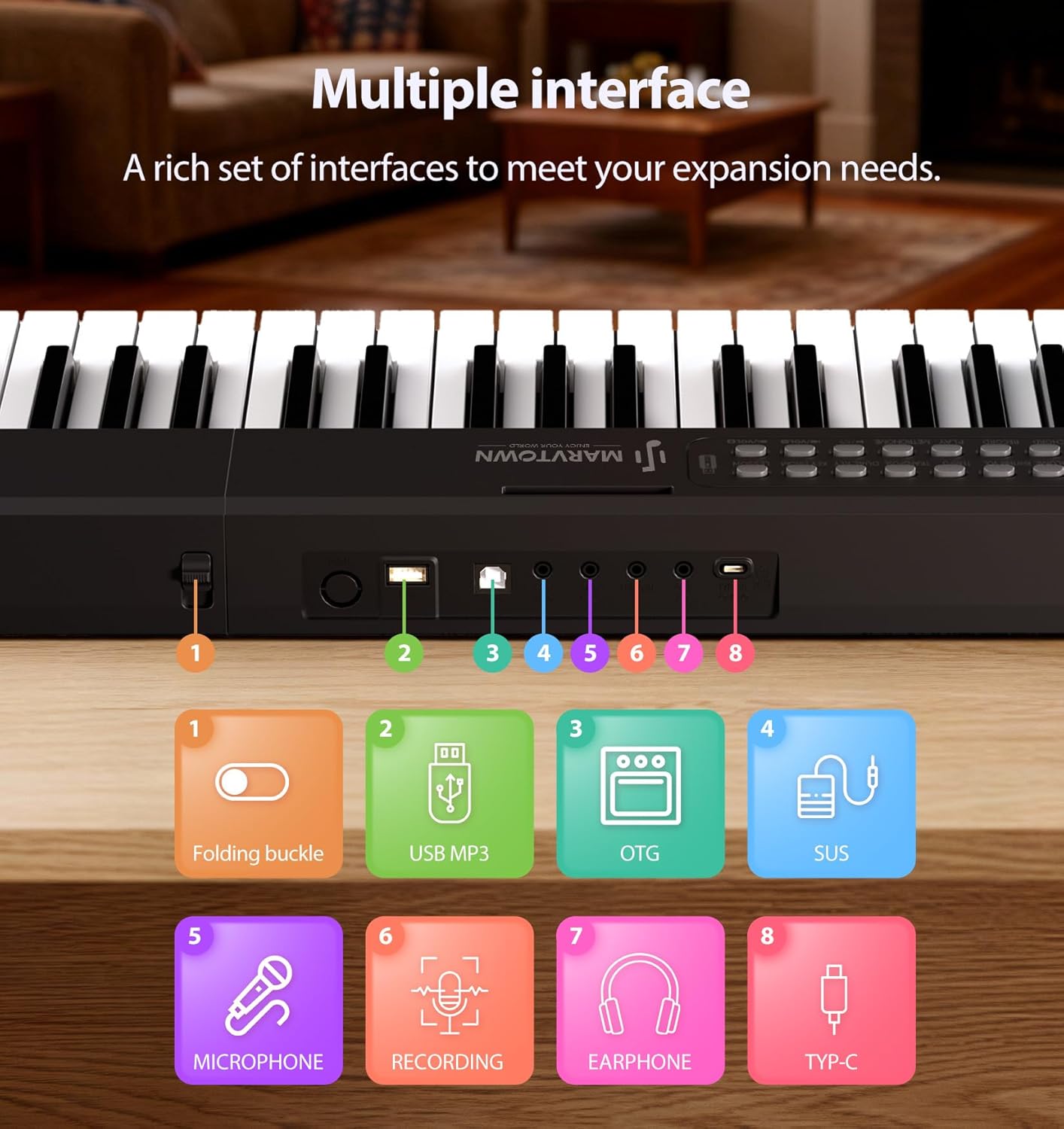 MARVTOWN Portable Folding Piano Keyboard, 88 Semi-Weighted Full Size Keys, Foldable Digital Piano, Electronic Keyboard Piano w/MIDI Bluetooth&two speakers,Rechargeable Electric Keyboard Beginner