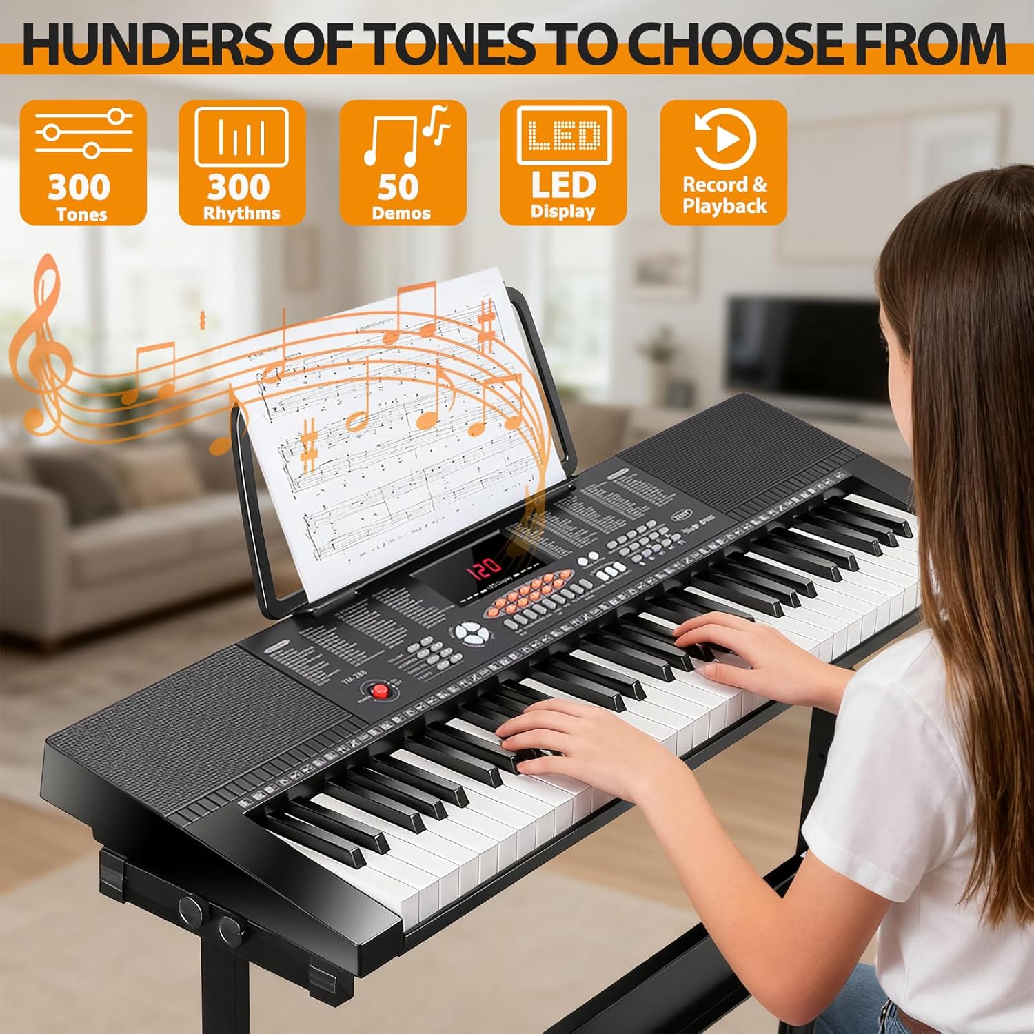 ZENY 61-Key Portable Electric Keyboard Piano with Built In Speakers, LED Screen, Headphones, Microphone, Piano Stand, Music Sheet Stand and Stool