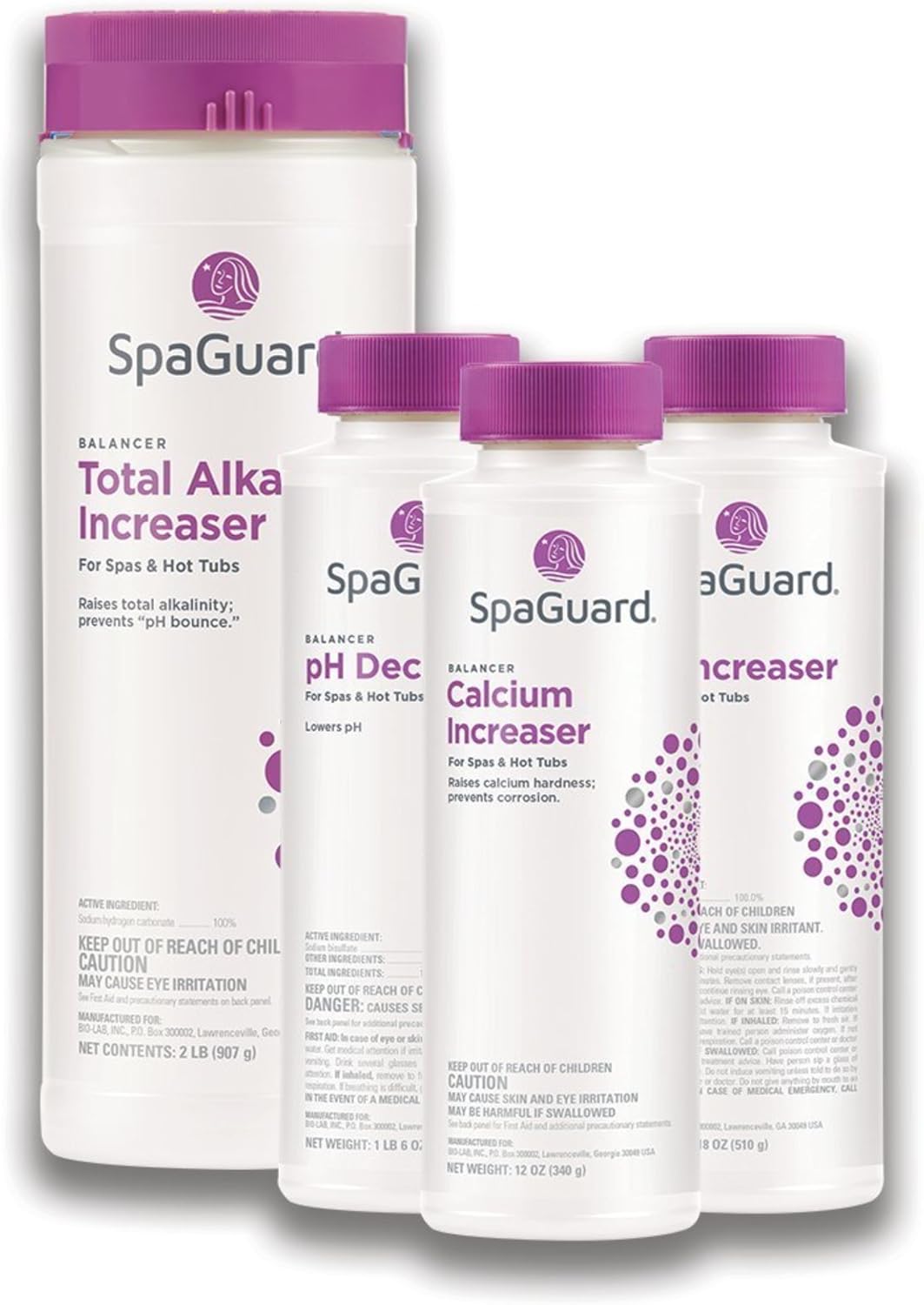 SpaGuard Balancer Bundle for Spas & Hot Tubs, pH Decreaser, pH Increaser, Alkalinity Increaser, Calcium Increaser, 3 Pack