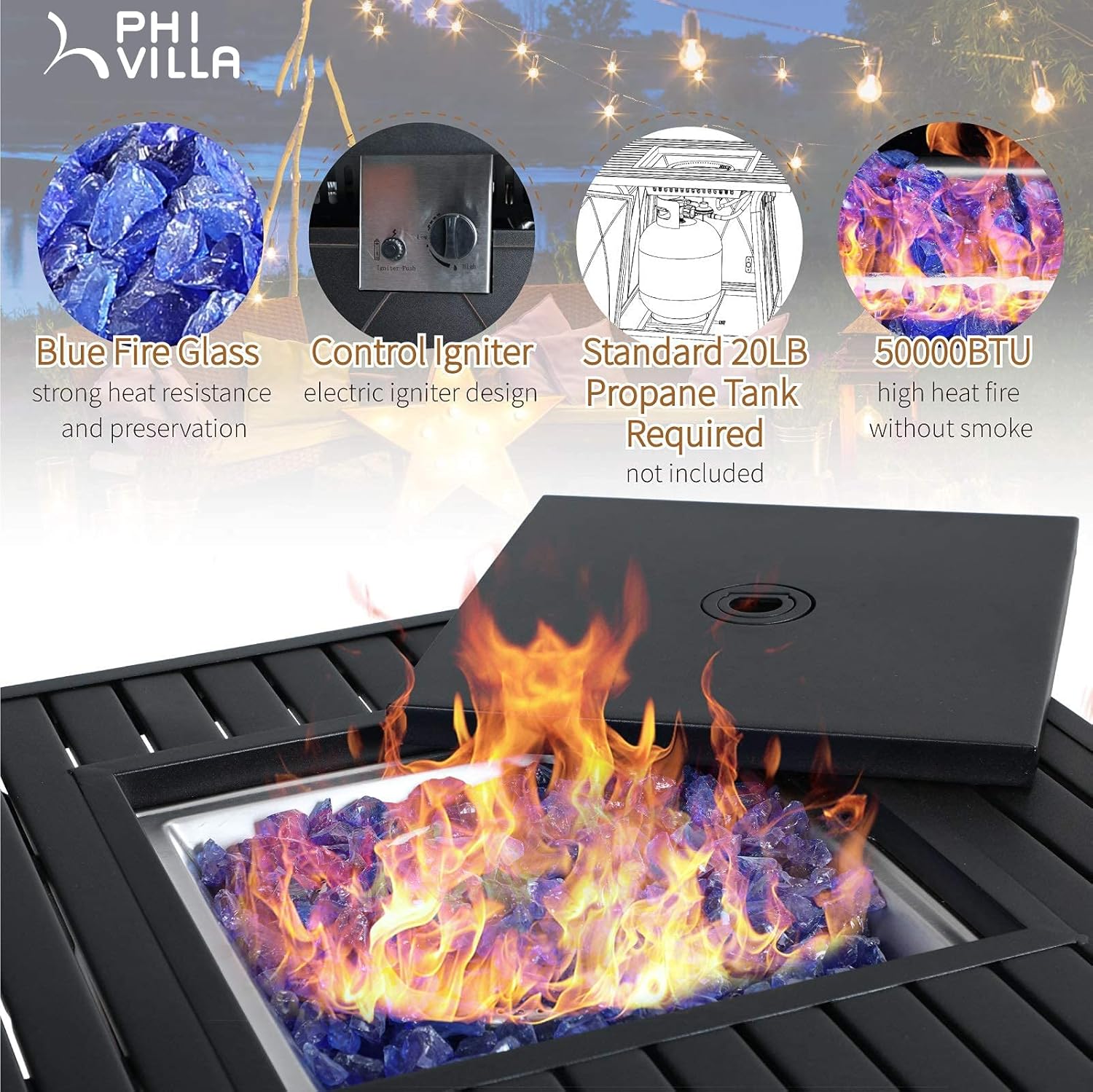 PHI VILLA 4-Piece Outdoor Swivel Rocker Chairs Set with Fire Pit Table, Rattan Patio Furniture Set Supports 350lbs, with 2 Rocking & Swivel Chairs, 1 Coffee Table, and 1 Fire Pit