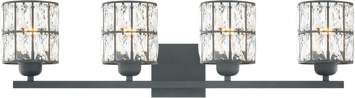 Quoizel Gibson Bath Vanity Lights, 30 Inch 4-Light Matte Black Bathroom Lighting Fixtures Over Mirror, Clear Beveled Crystal Shade, Contemporary Wall Mount Light for Bathrooms, Kitchen or Hallway