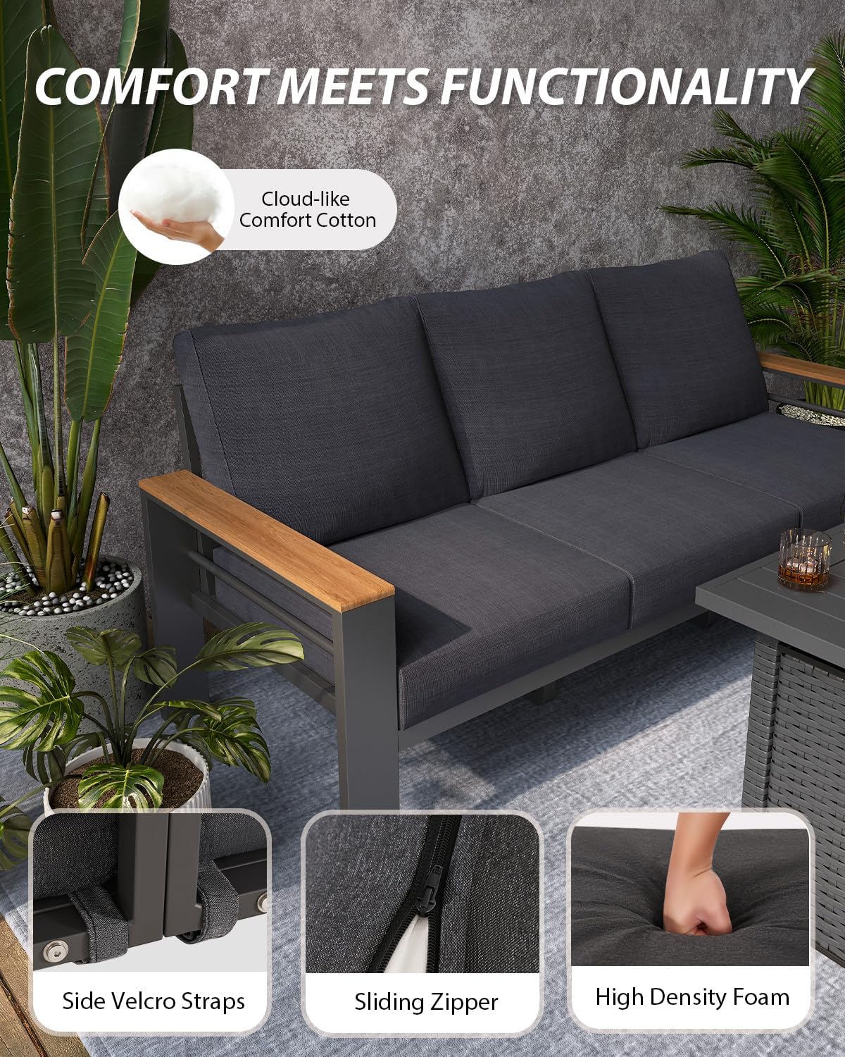 Aoxun Aluminum Outdoor Patio Furniture Set, 7 Seats Outdoor Sectional with Fire Pit Table, Patio Conversation Sets with Upgraded Armrests and Cushions for Backyard, Garden and Poolside（Dark Grey）