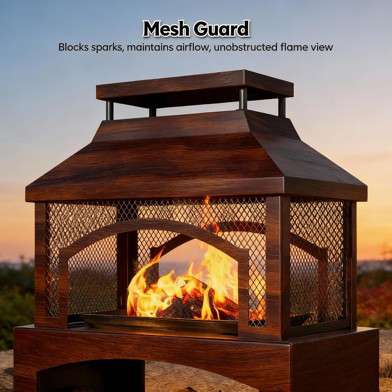 37 Inch Outdoor Fireplace, Wood Burning Fire Pit for Patio with Built-in Log Storage, Steel Rectangular Fire Table with Poker for Camping, Garden, Backyard, Antique Brass